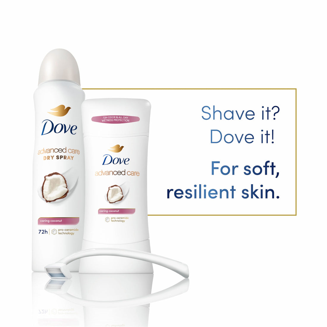 Dove Advanced Care Antiperspirant Deodorant Dry Spray Caring Coconut to help your skin barrier repair after shaving 72hour odor control and all-day sweat protection for soft, resilient underarms 3.8oz