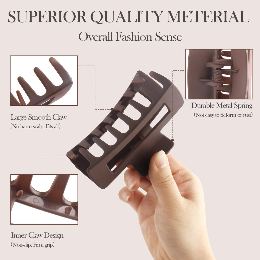 Beauty.H.C 8Pcs Big Hair Claw Clips Strong Hold Large Claw Clips for Thick Thin Long Hair Noslip Rectangular Hair Clips for Women Girls, 4.13 Inch Jaw Clips Gifts