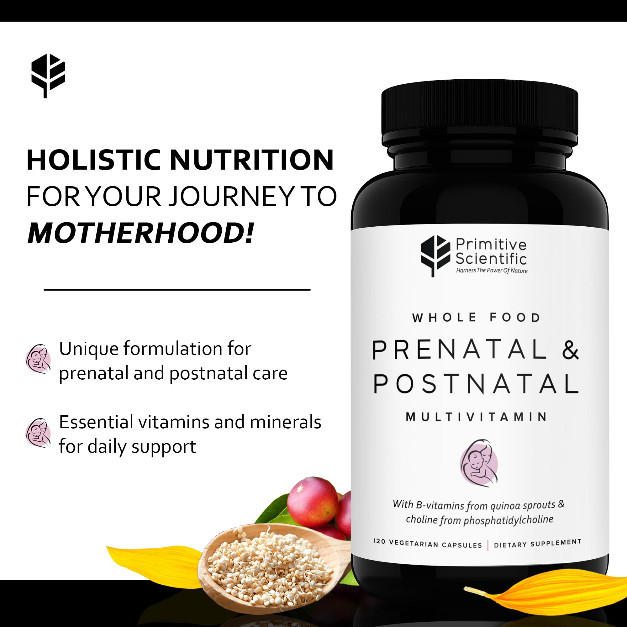 Primitive Scientific Prenatal and Postnatal Multivitamin for Women, with Vitamins A, B, C, D, E, Iodine, and Ginger for Mother & Baby Support, Non-GMO, Gluten-Free (120ct)