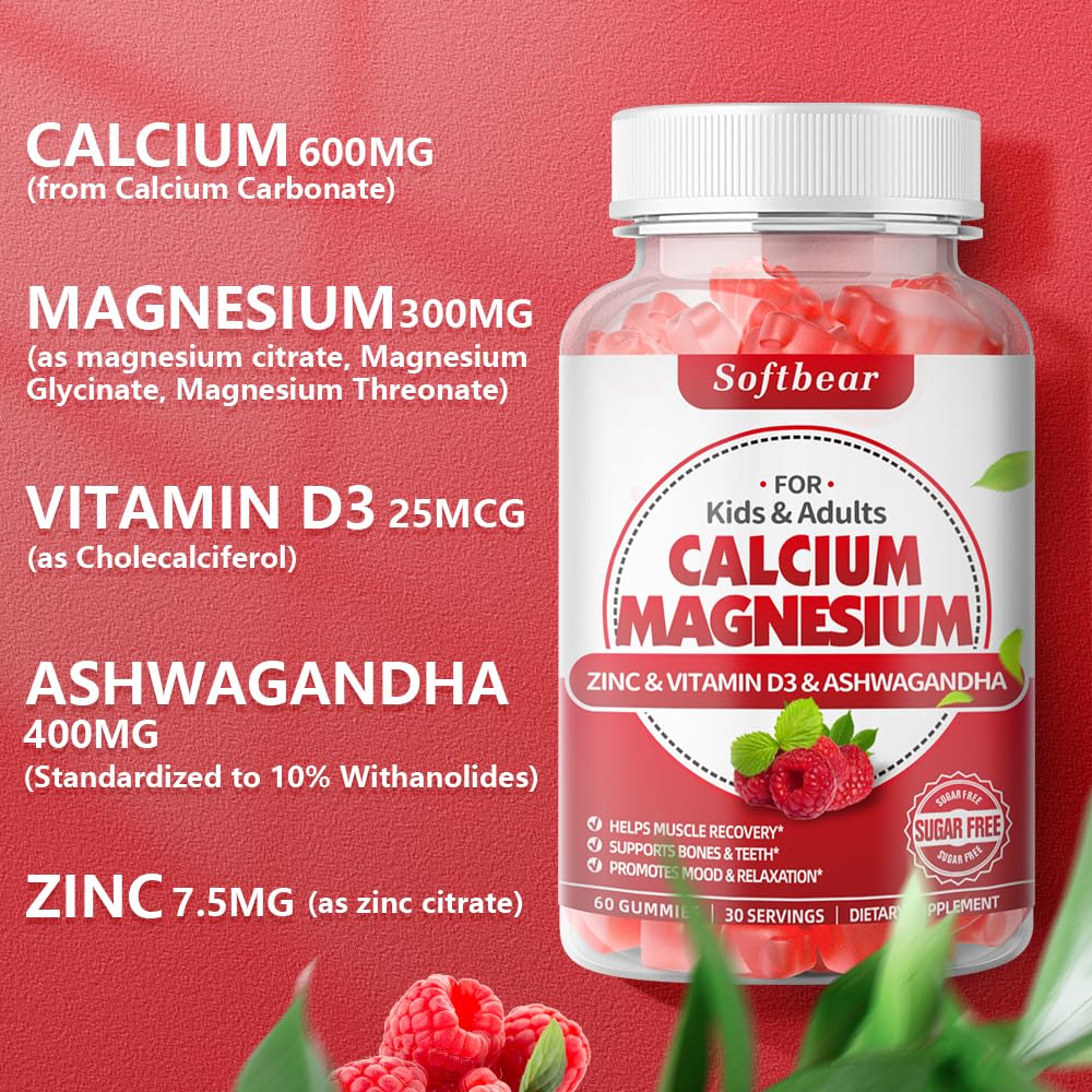softbear Calcium Magnesium Zinc Gummies for Women, Calcium Magnesium Supplement High Absorption Calcium Gummies with Vitamin D3 for Bone Strength Vegan Raspberry Flavor 120 Gummies