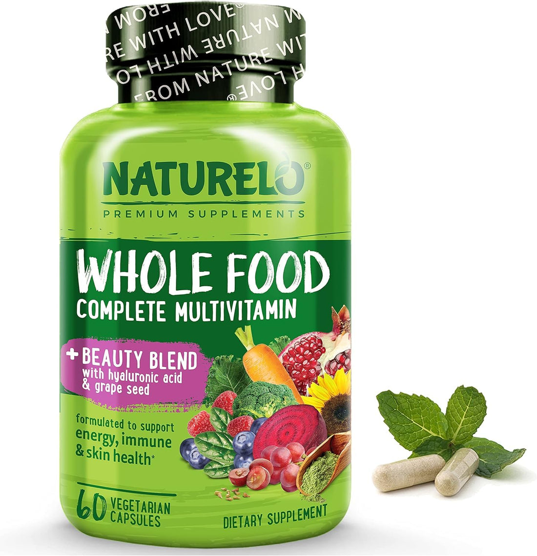NATURELO Whole Food Multivitamin with Extra Hair, Skin and Nails Support – Beauty Blend with Hyaluronic Acid & Grape Seed - High Potency Biotin, Vitamin C, and Glutathione - 60 Vegan Capsules