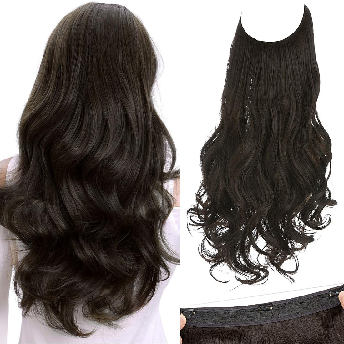 SARLA Invisible Wire Hair Extensions with 3 Clips Long Synthetic Wavy Curly Hairpiece Adjustable Transparent Headband for Women 16 Inch Black Brown