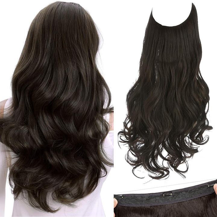 SARLA Invisible Wire Hair Extensions with 3 Clips Long Synthetic Wavy Curly Hairpiece Adjustable Transparent Headband for Women 16 Inch Black Brown