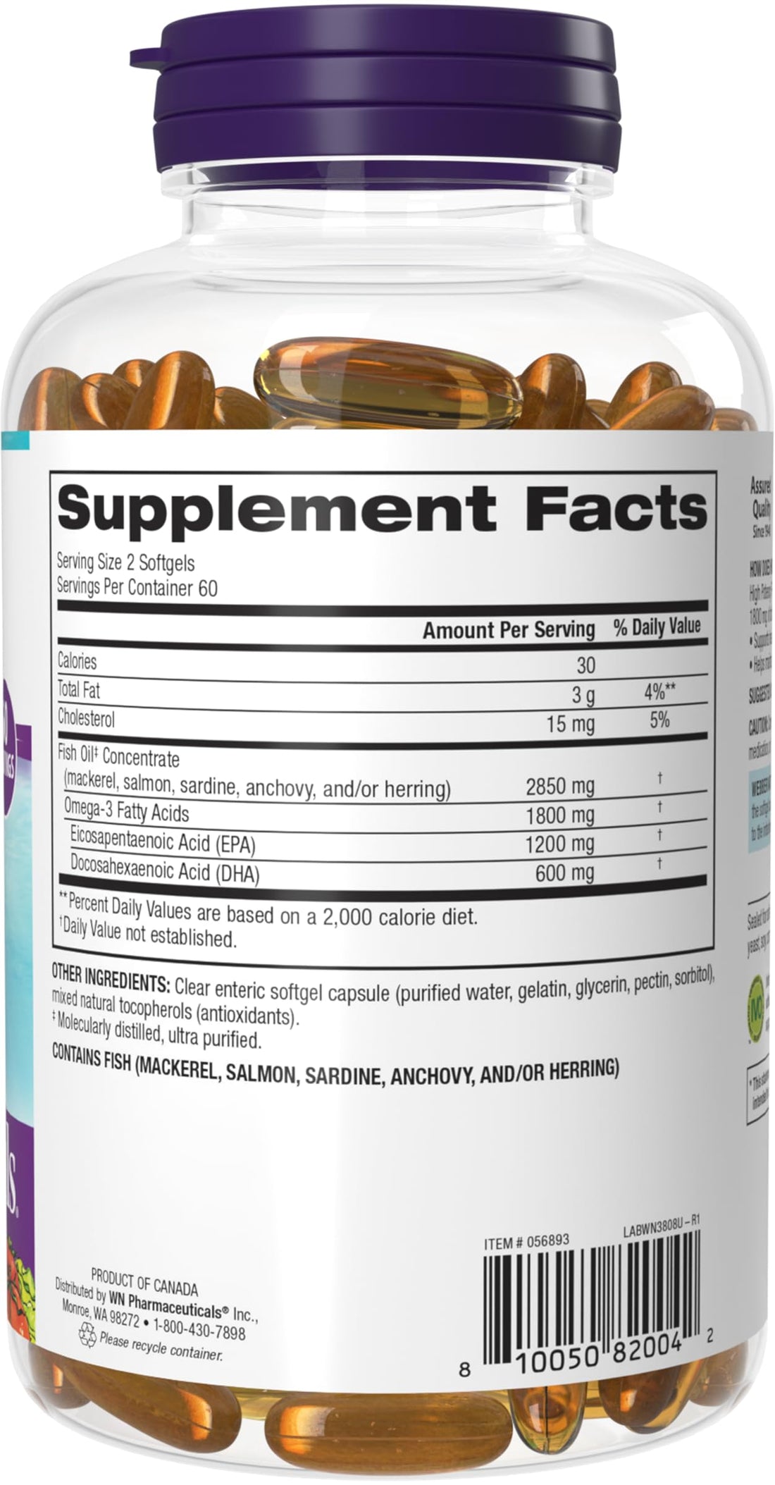 Webber Naturals Triple Strength Omega-3 Fish Oil, 1,800 mg Omega-3 (1,200 mg EPA / 600 mg DHA) per Serving, 120 Clear Enteric Softgels, No Fishy Aftertaste, for Heart, and Brain Health