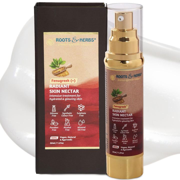 ROOTS AND HERBS Ayurvedic Skin Nectar Natural Treatment 100% For Hydrated and Glowing Skin Vegan Fenugreek Skin Food Serum and Moisturiser for Face and Neck, 1.01oz
