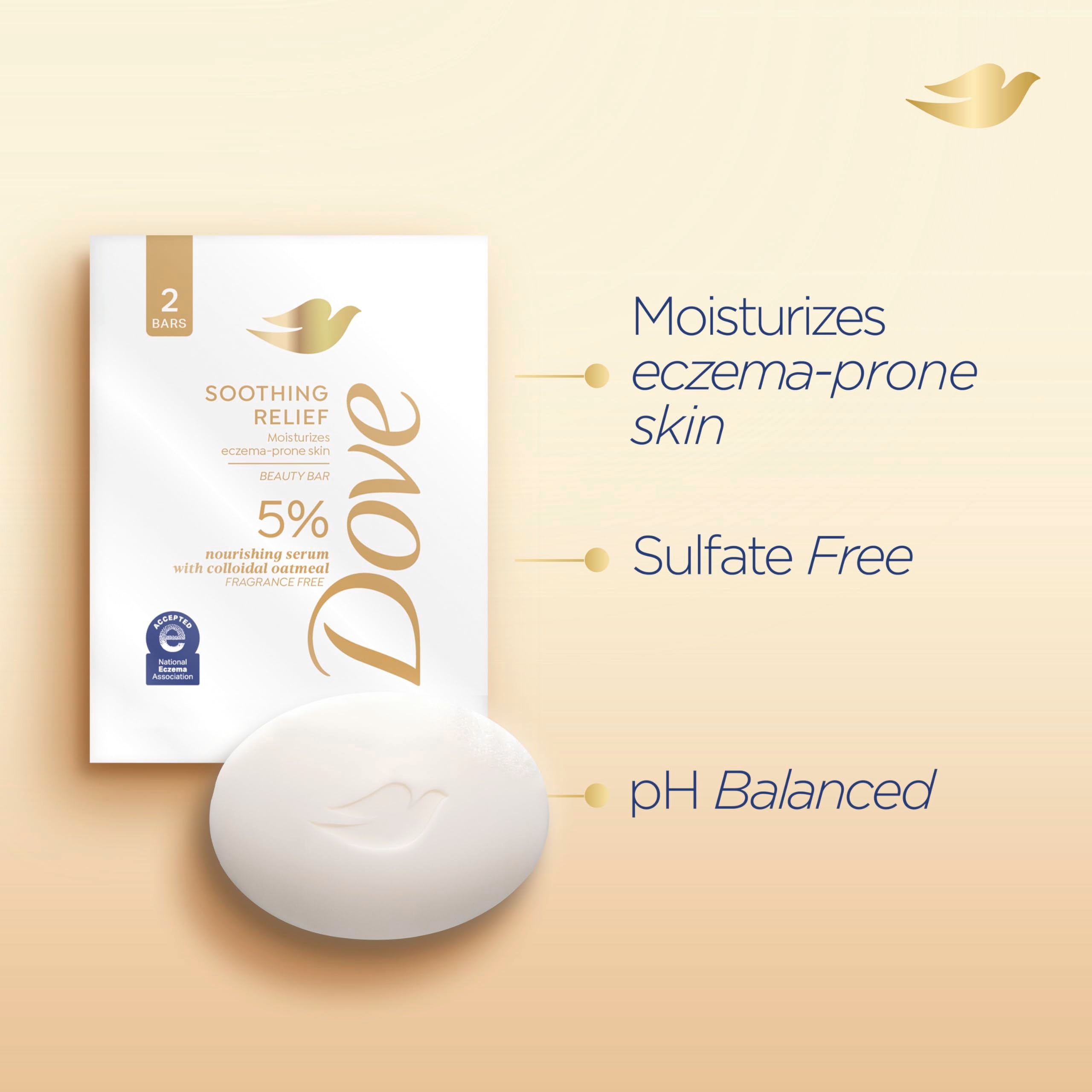 Dove Fragrance Free Beauty Bar Soothing Relief 5 Bars Moisturizes eczema-prone skin 5% nourishing serum with colloidal oatmeal 3.75oz