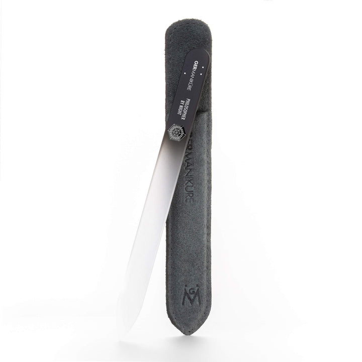 Double sided crystal glass nail file for man in leather case, 3mm. PHILOSOPHER BY NIGHT