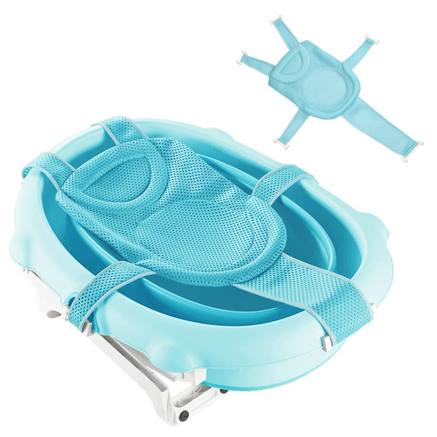 Baby Bath Seat Support Net Soft Headrest Baby Bath Cushion Pad, Breathable Newborn Infant Bathtub Shower Mesh Mat, Adjustable Shower Pad Portable Anti-Slip Bath Sling 0-18 Months, Blue (No Bathtub)