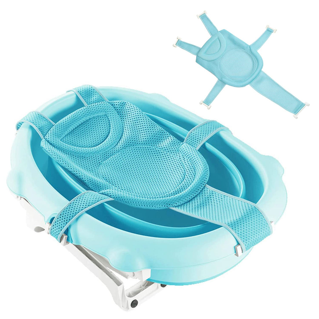 Baby Bath Seat Support Net Soft Headrest Baby Bath Cushion Pad, Breathable Newborn Infant Bathtub Shower Mesh Mat, Adjustable Shower Pad Portable Anti-Slip Bath Sling 0-18 Months, Blue (No Bathtub)