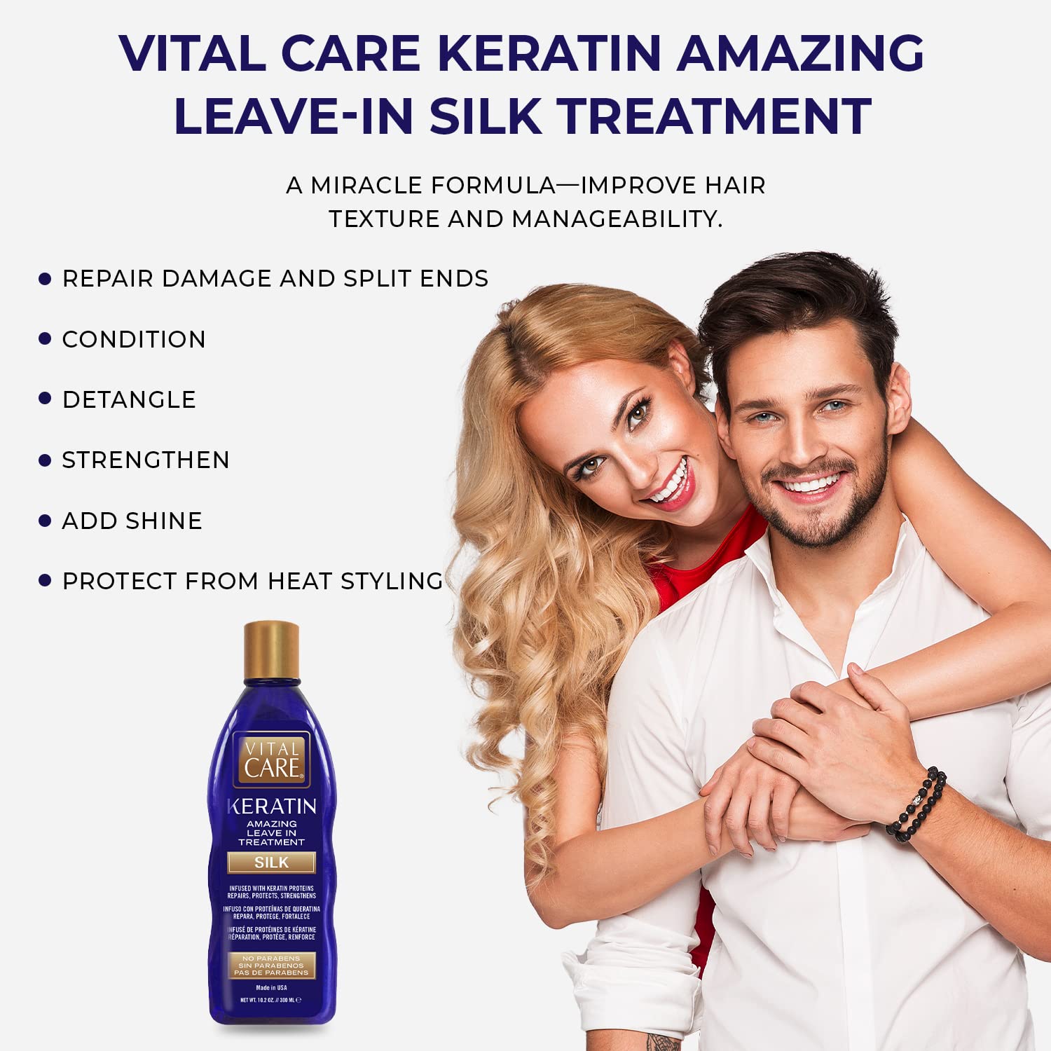 Vital Care Keratin Amazing Leave-In Treatment Silk - Gentle Keratin Complex Hair Treatment is Non-Stripping for Daily Use, Hydrating & Repairing - Abyssinian, Avocado & Sunflower Seed Oil