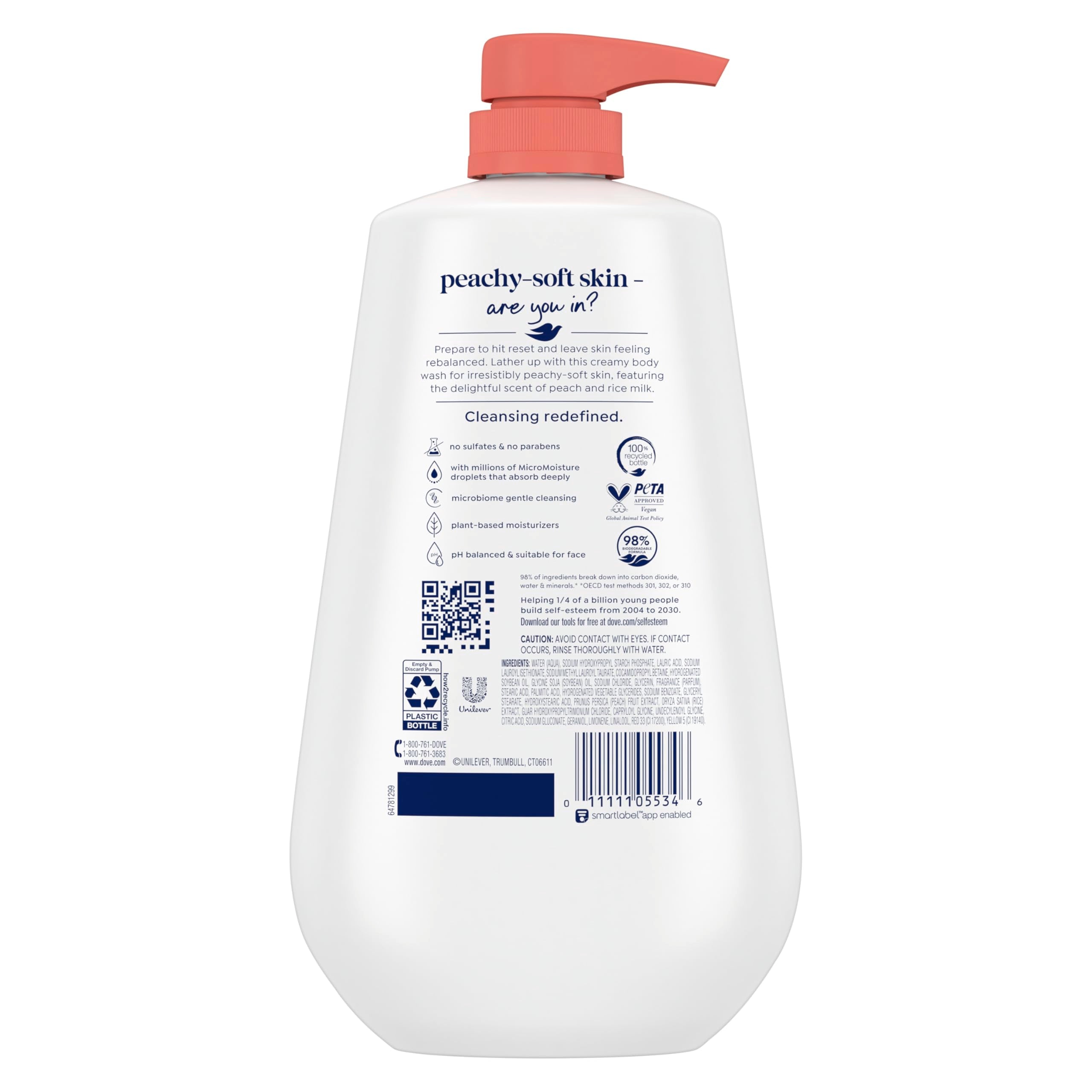Dove Body Wash Rebalance White Peach & Rice Milk For 24hr Lotion-Soft Skin Moisturizing Skin Cleanser with No Sulfates No Parabens 30.6 oz