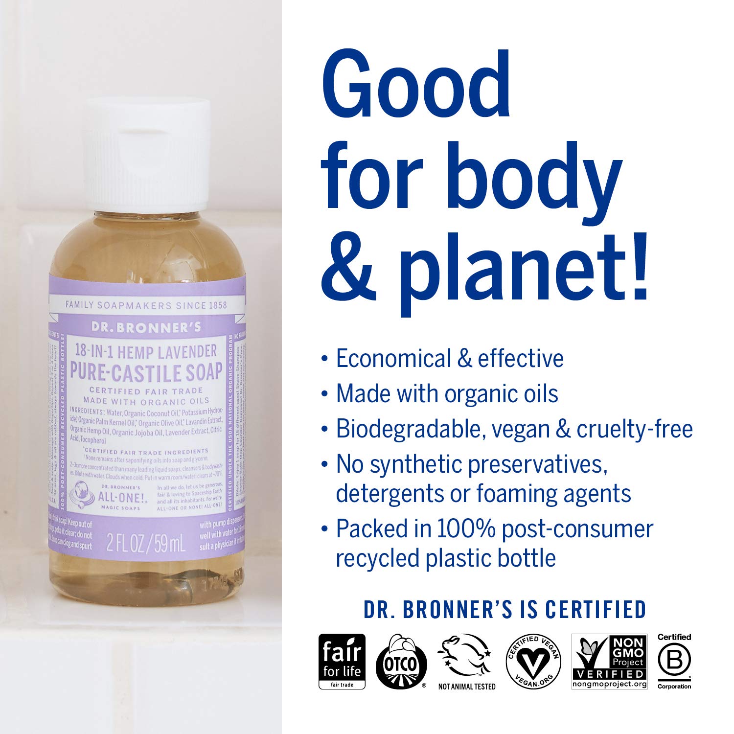 Dr. Bronner's Fair Trade and Organic Castile Liquid Soap, Lavender, 2 Fluid Ounce