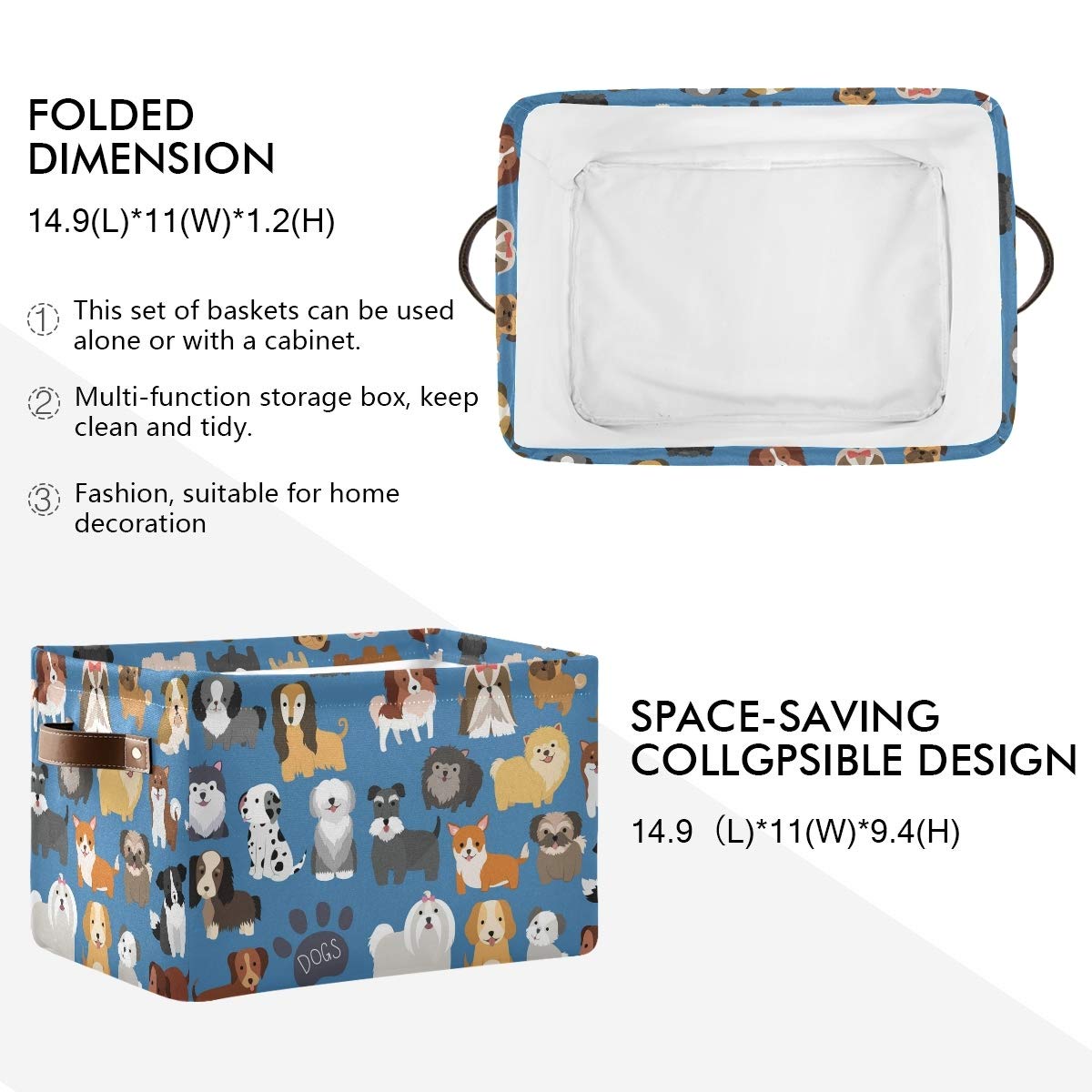 Emelivor Cute Dogs Puppy Storage Bin Collapsible with Handle Rectangle Waterproof Cute Dog Puppy Basket for Storage Cube Closet Organizer for Toy Nursery Book Office Shelf Bathroom