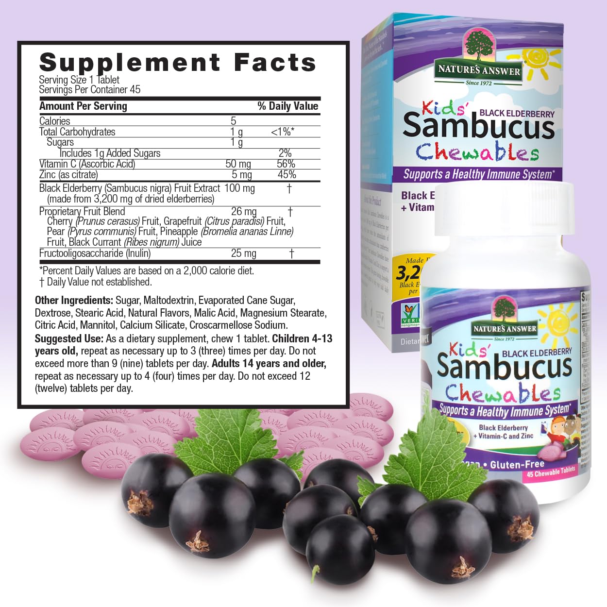 Nature's Answer Kids Sambucus Chewables Black Elderberry with Vitamin C and Zinc