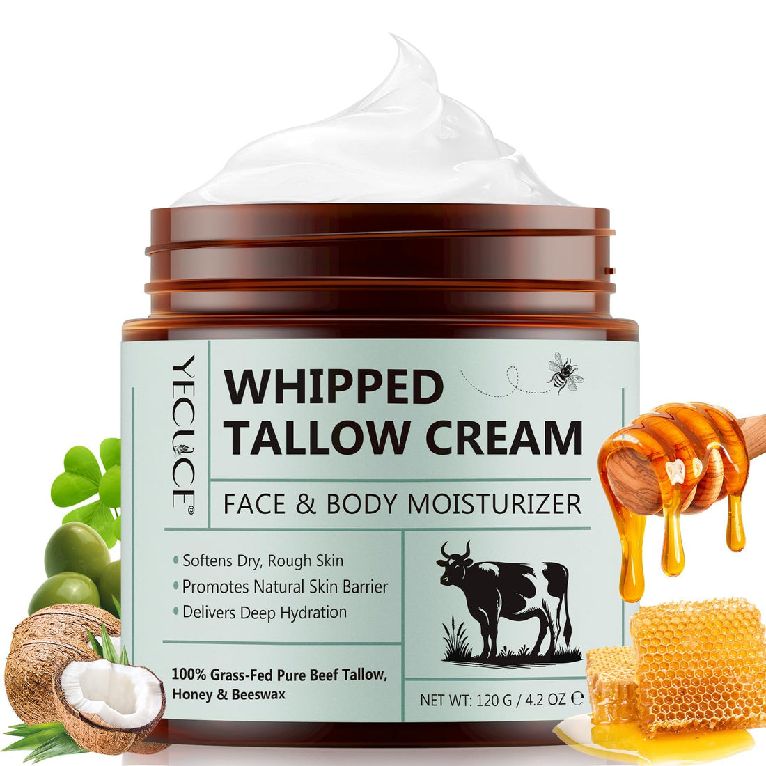 Beef Tallow for Skin, Tallow and Honey Balm (4.2 oz) - Tallow Face Moisturizer, Deeply Moisturizing Organic Grass-Fed Tallow Face Moisturizer for Body - All-Natural Hydration for Soft, Supple Skin