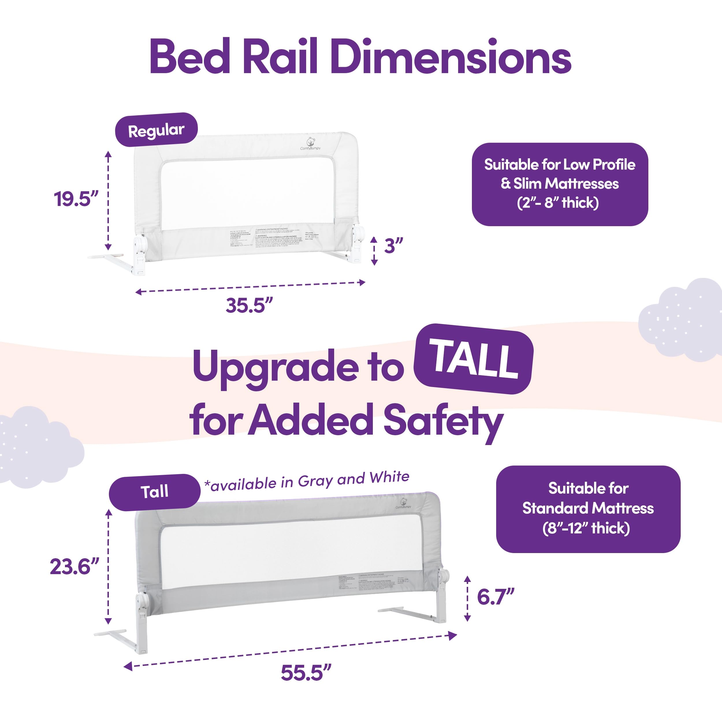 ComfyBumpy Toddler Bed Rail Guard | Bed Rails for Kids, Twin, Full, Queen & King Size Bed - Adjustable Bed Rail for Toddlers - Swing Down Baby Bed Side Rail - White, Regular (35.5 x 19.5)