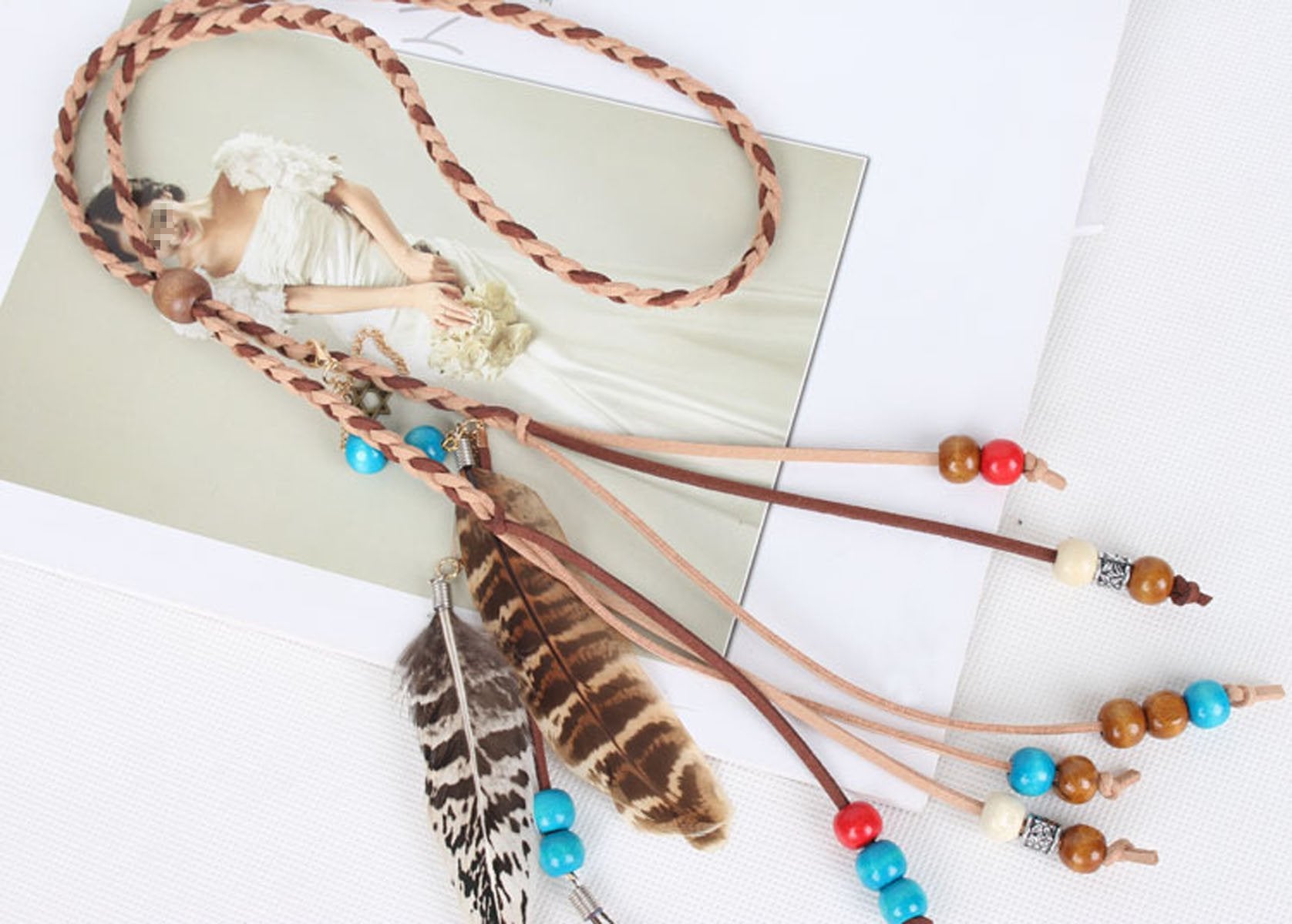 Nicedmm Indiana Ethnic Style Colorful Peacock Feather Pendant Boho Head Wrap Hair Band - Handmade Bohemian Headbands Braided Headband Tie For Women Lady Girls