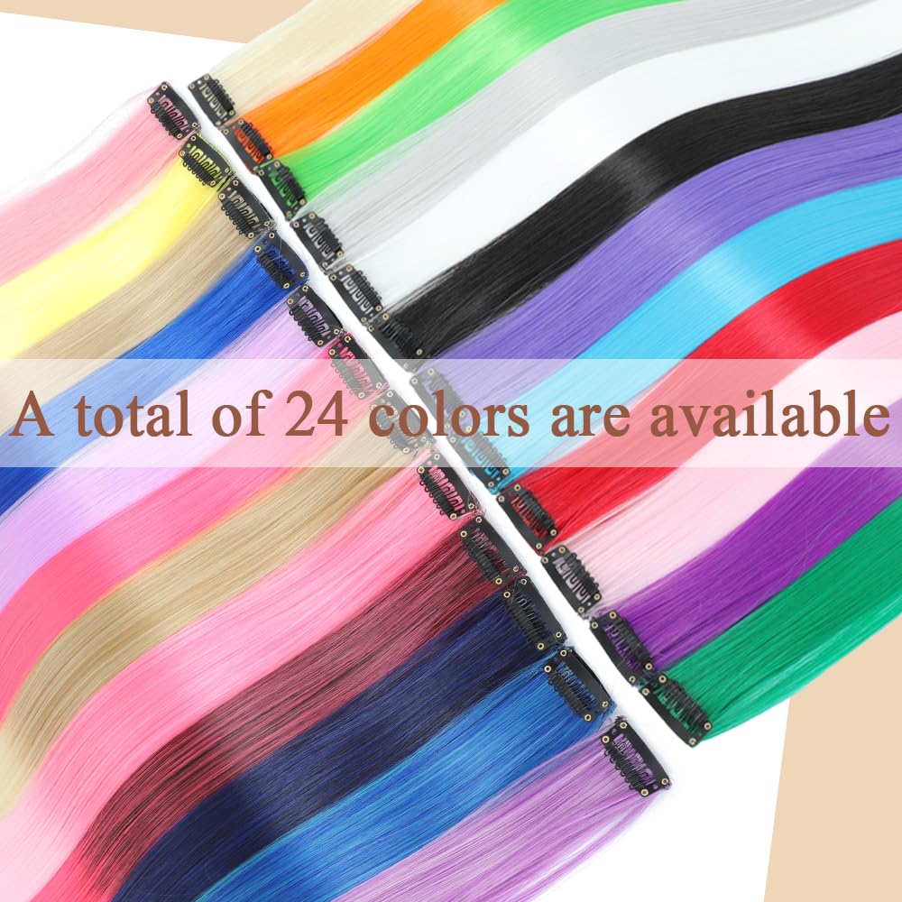 12 Pcs Red hair extensions 22 Inch Straight colored hair colorful clip in extensions Highlight Party for Kids Girls and Women Gift(Red,21)