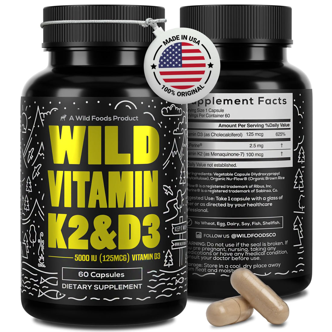 Wild Foods 5000iu Vitamin D3 + K2 | (100mcg Mk7) with Black Pepper Extract, Plant-Based, Non-GMO, Soy & Gluten-Free | Dietary Supplement | Made in USA | 60 Capsules
