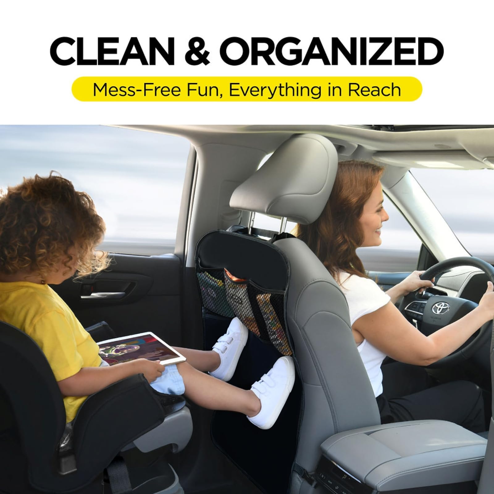 lebogner Back Seat Cover For Kids + 3 Pocket Storage Organizer, 2 Pack X-Large Waterproof Kick Mats Backseat Protector, Car Seat Back Protectors For Vehicles To Protect From Dirt, Mud & Scratches