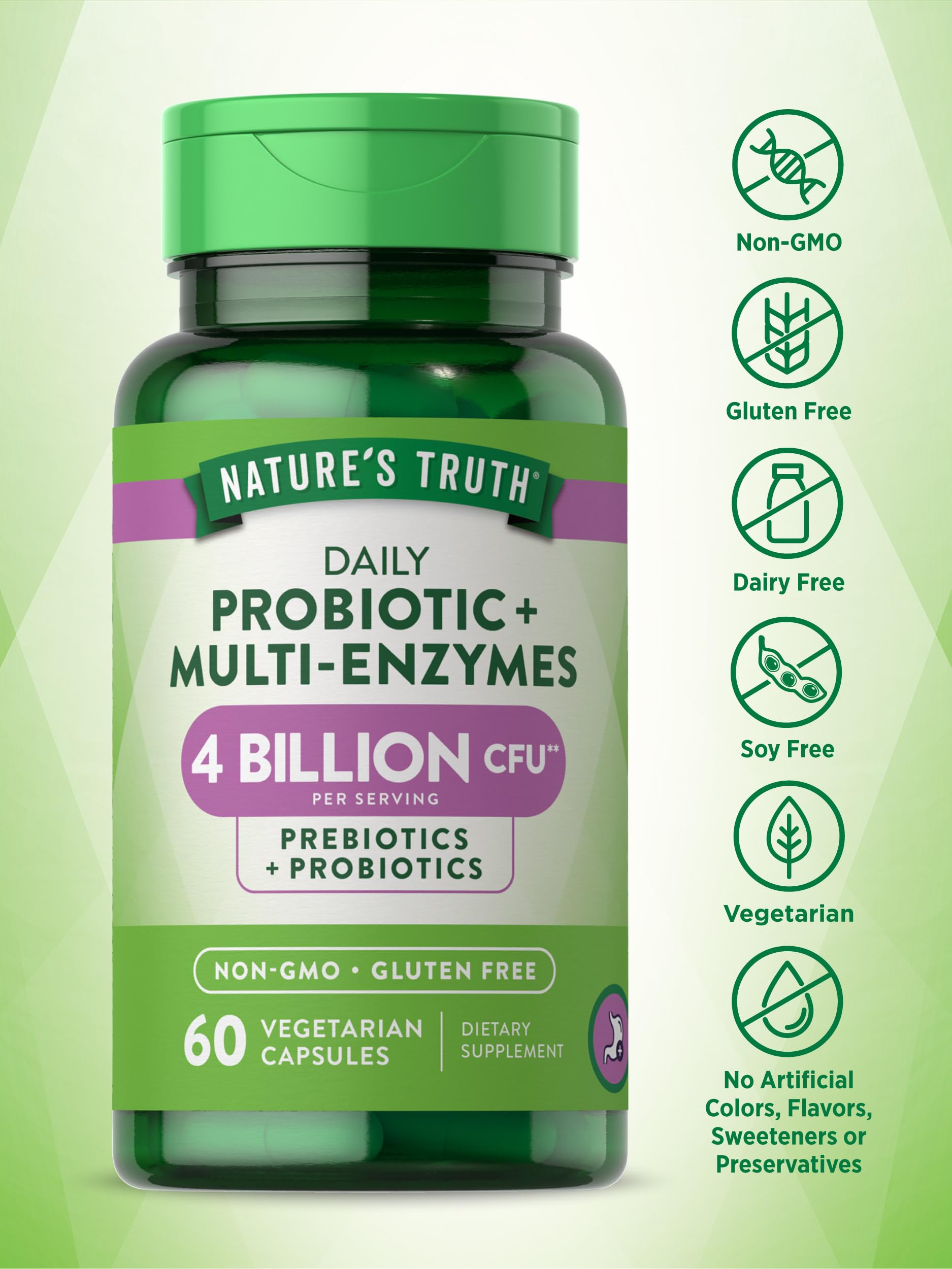 Nature's Truth Probiotics with Enzymes | 60 Capsules | Stomach Friendly for Men and Women | Non-GMO & Gluten Free Digestive Health Supplement