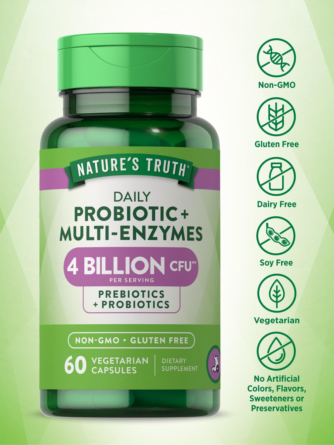Nature's Truth Probiotics with Enzymes | 60 Capsules | Stomach Friendly for Men and Women | Non-GMO & Gluten Free Digestive Health Supplement