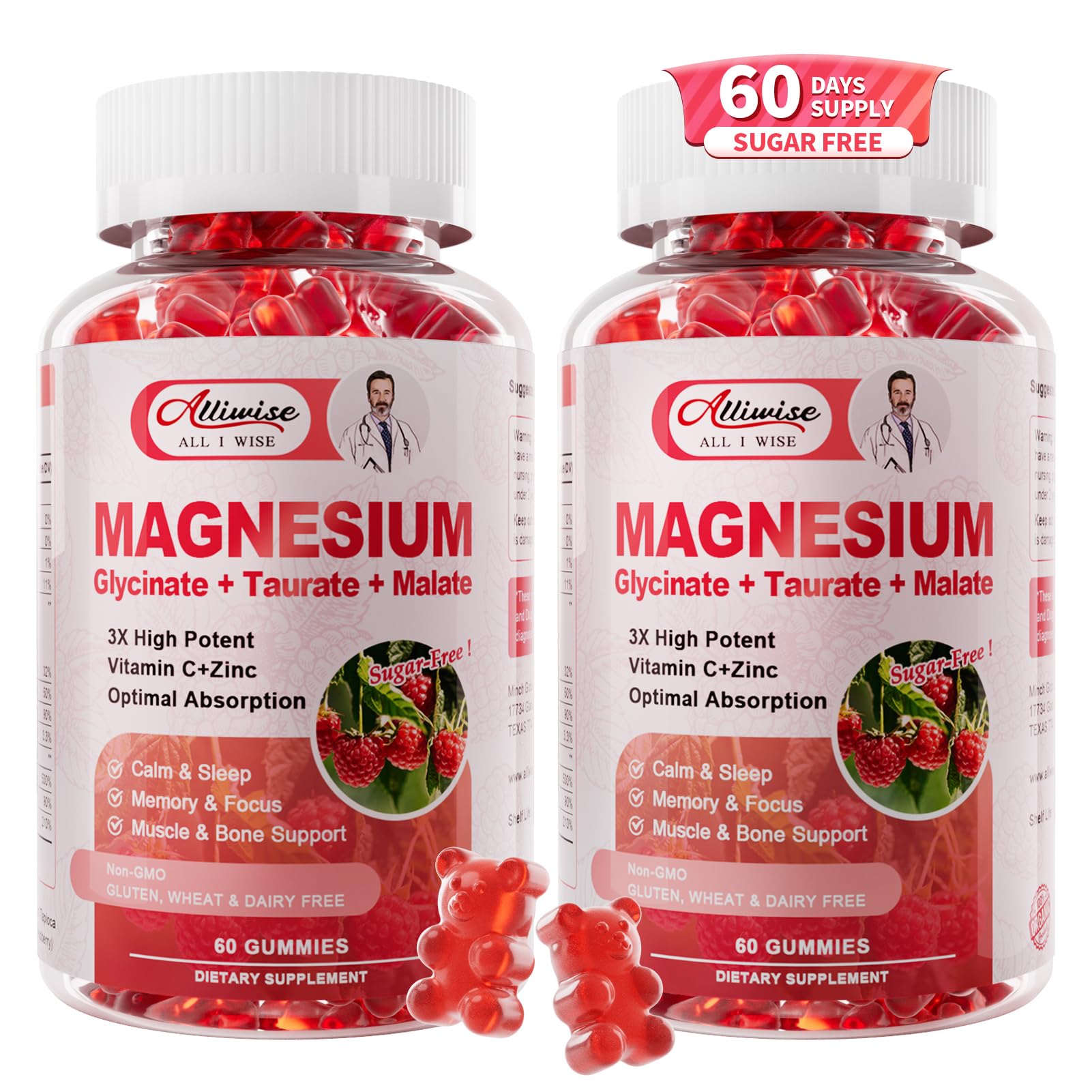 Alliwise 2Pack Magnesium Glycinate Gummies,Magnesium Potassium Supplement with Taurate, Malate, Vitamins D, C, B6, Calcium,Body Support,Raspberry Magnesium Gummies for Adults,60 Days Supply
