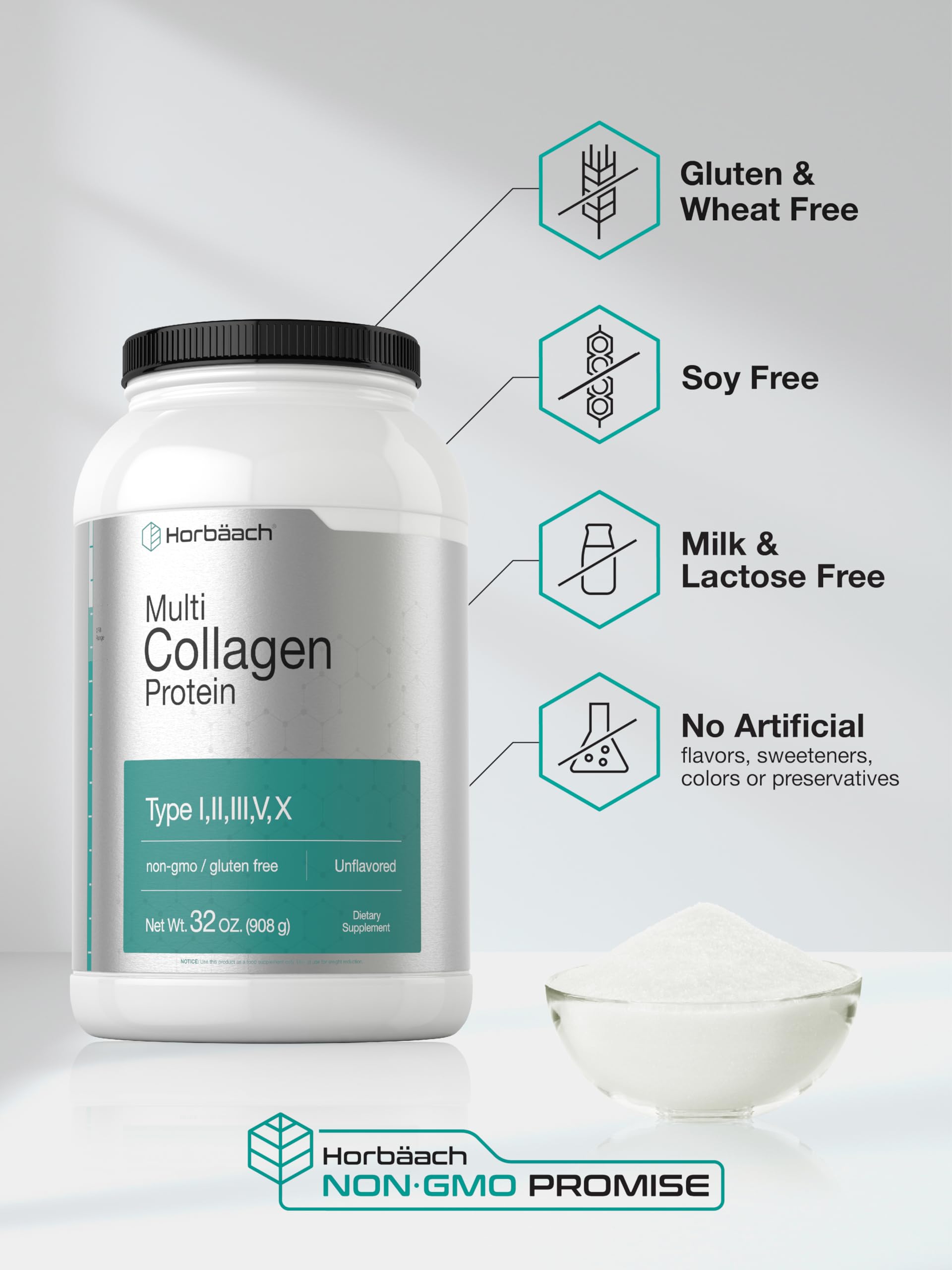 Horbaach Multi Collagen Protein Powder 32 oz | Type I, II, III, V, X | Hydrolyzed Collagen Peptides | Keto & Paleo Friendly | Unflavored & Gluten Free