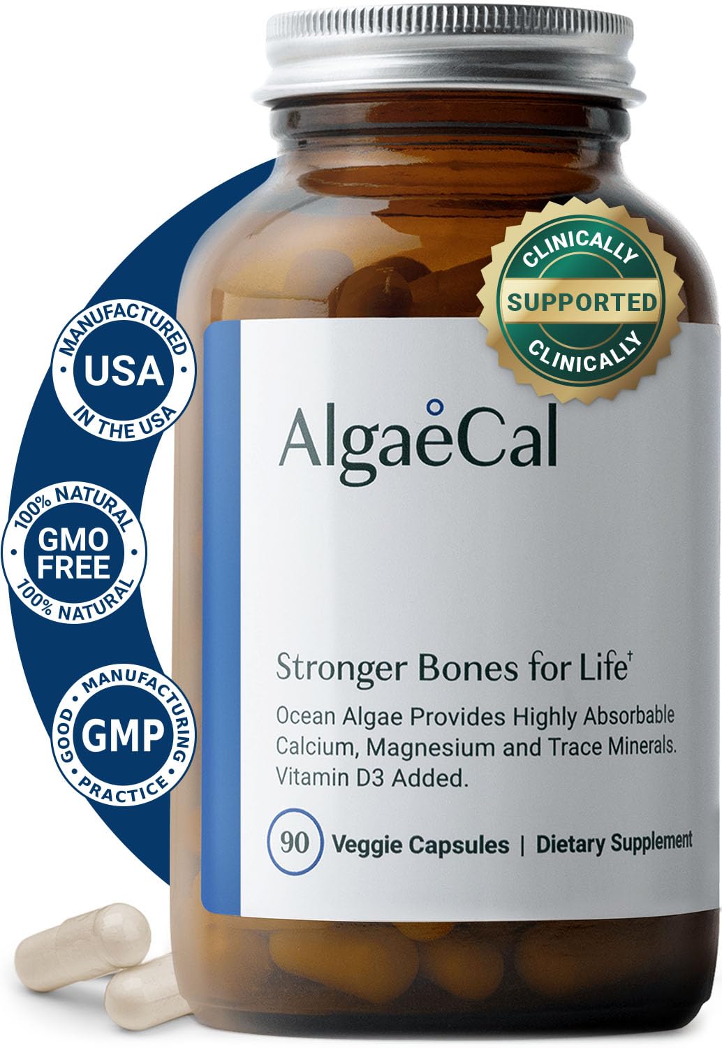 ALGAECAL - Plant Based Calcium Supplement with 13 Bone Supporting Minerals + Vitamin D3 (1000 IU) clinically Shown to Stop Bone Loss. Organic Calcium (750 mg), 90 Veggie Caps
