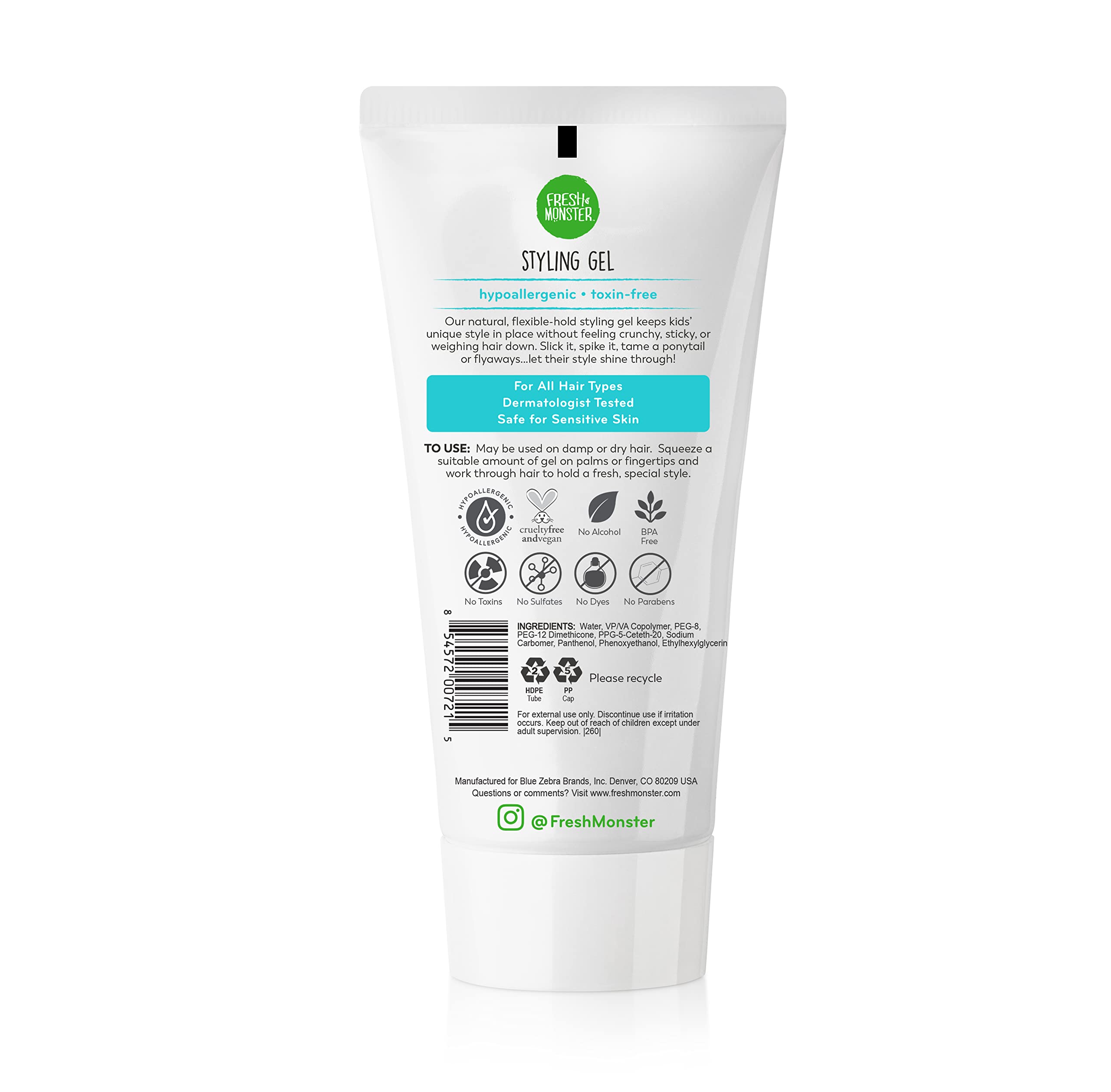 Fresh Monster Kids Hair Styling Gel, Medium Hold Alcohol-Free, Natural Hair Gel for Kids & Toddlers (6oz.)