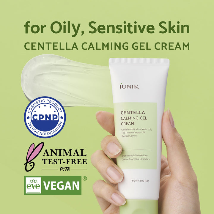 IUNIK Centella 70% Calming Gel Cream Vegan Non-Sticky Moisturizing Blemish Care w/Centella Asiatica Tea Tree 10% Soothes Acne Rosacea Oily & Sensitive Skin Korean Skincare