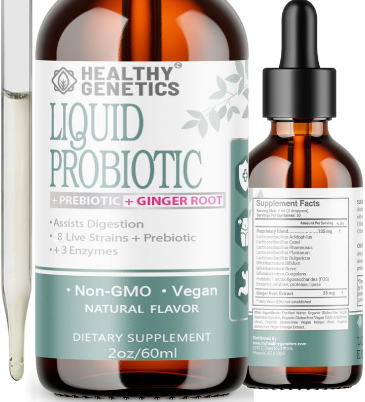 Liquid Probiotics for Women Men & Kids | Prebiotic +Ginger + Probiotics for Digestive Health | Acidophilus Probiotic | Dairy Free | Vegan | Non-GMO | Gluten Free | 30 Servings