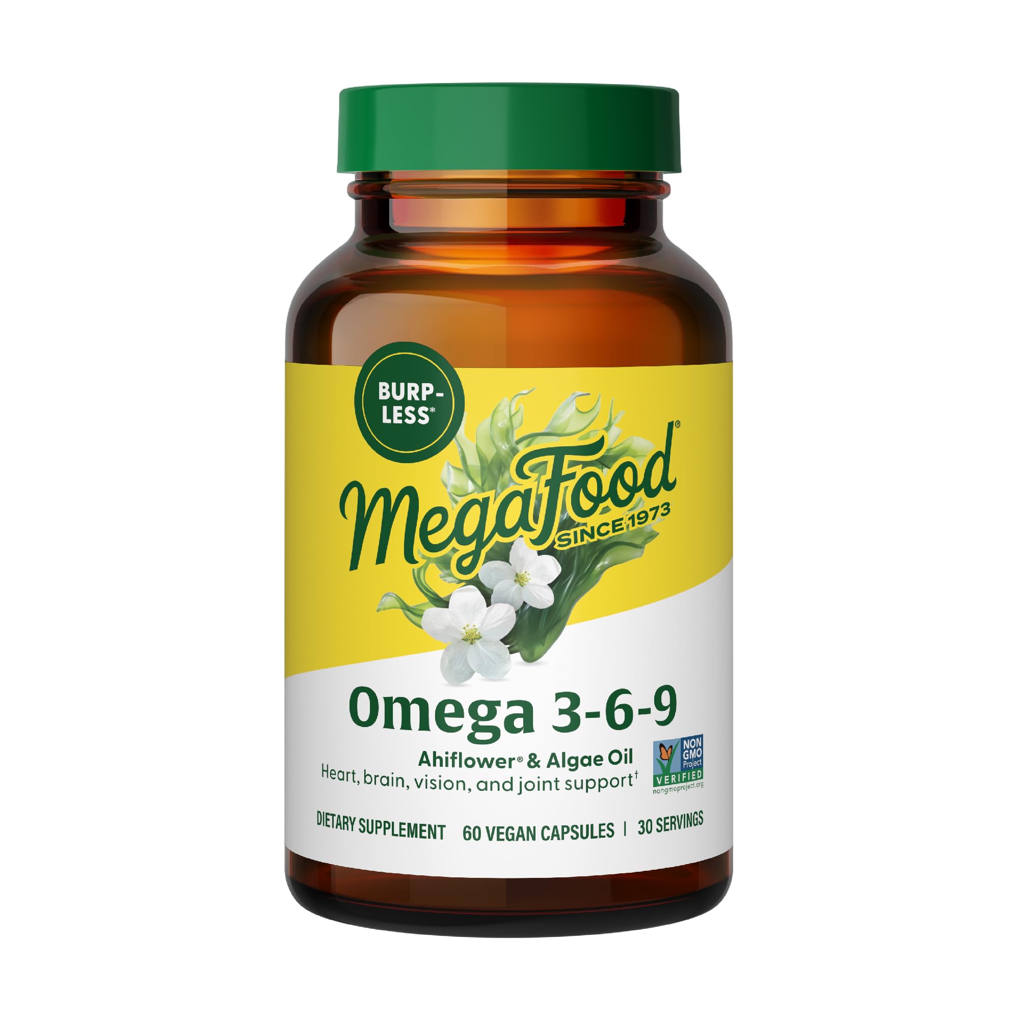 MegaFood Vegan Omega 3 6 9 - Burp-less Omega 3 Supplement - 600 mg Plant-Based Omega-3 & 150 mg DHA Per Serving - Heart, Brain, Vision & Joint Support - Fish Oil Alternative - 60 Capsules, 30 Servings