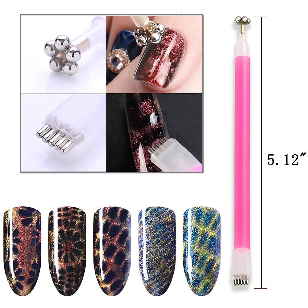 SILPECWEE 6Pcs Nail Art Magnetic Pen Set 3D Cat Eye Design Dual-Ended Magnet Wand Gel Nail Polish Magic Manicure DIY&Salon Tools