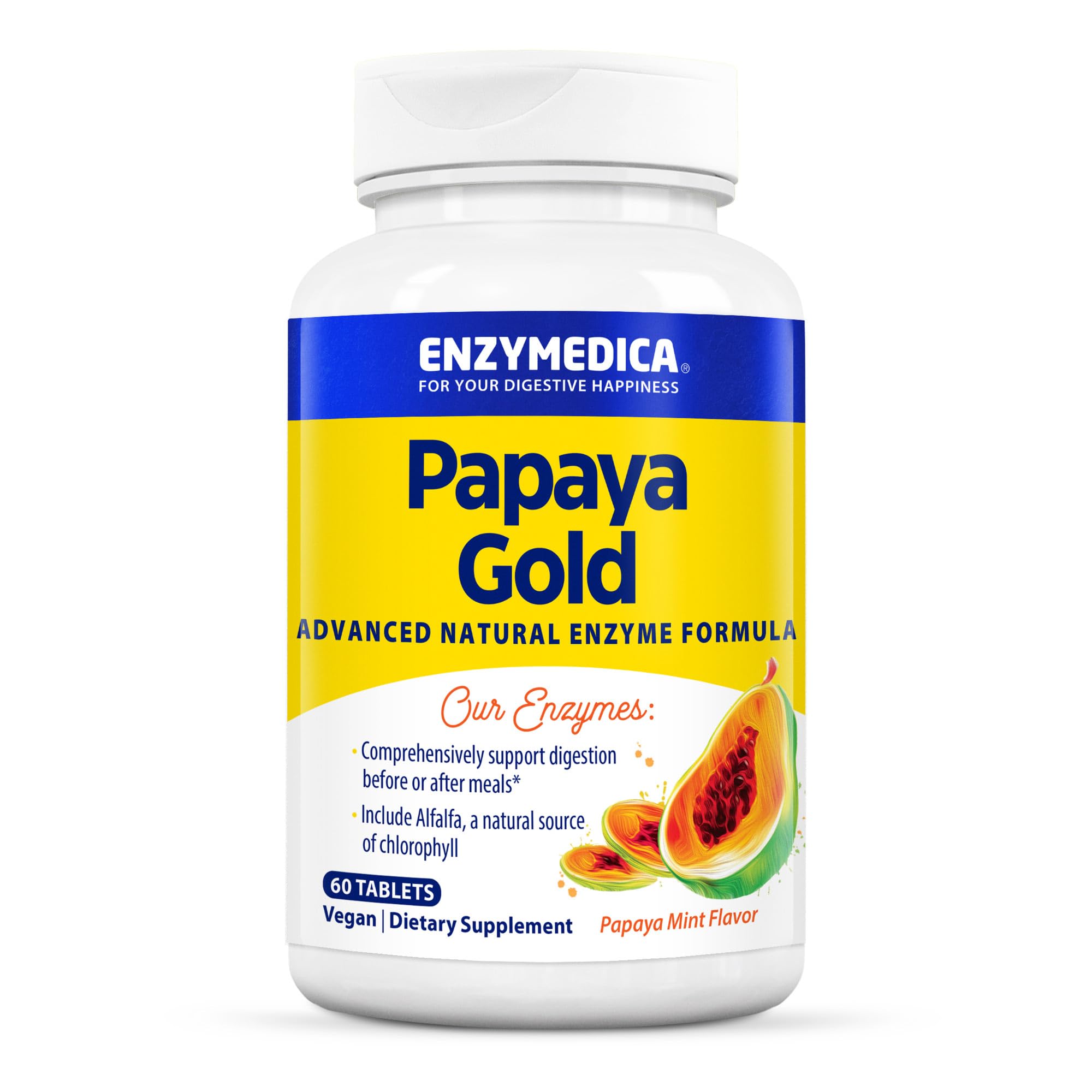 Enzymedica Papaya Gold, Advanced Digestive Enzymes with Natural Organic Papaya & Chlorophyll for Comprehensive Digestion Support, High Potency Bromelain & Papain, Vegan, Mint, 60 Chewable Tablets