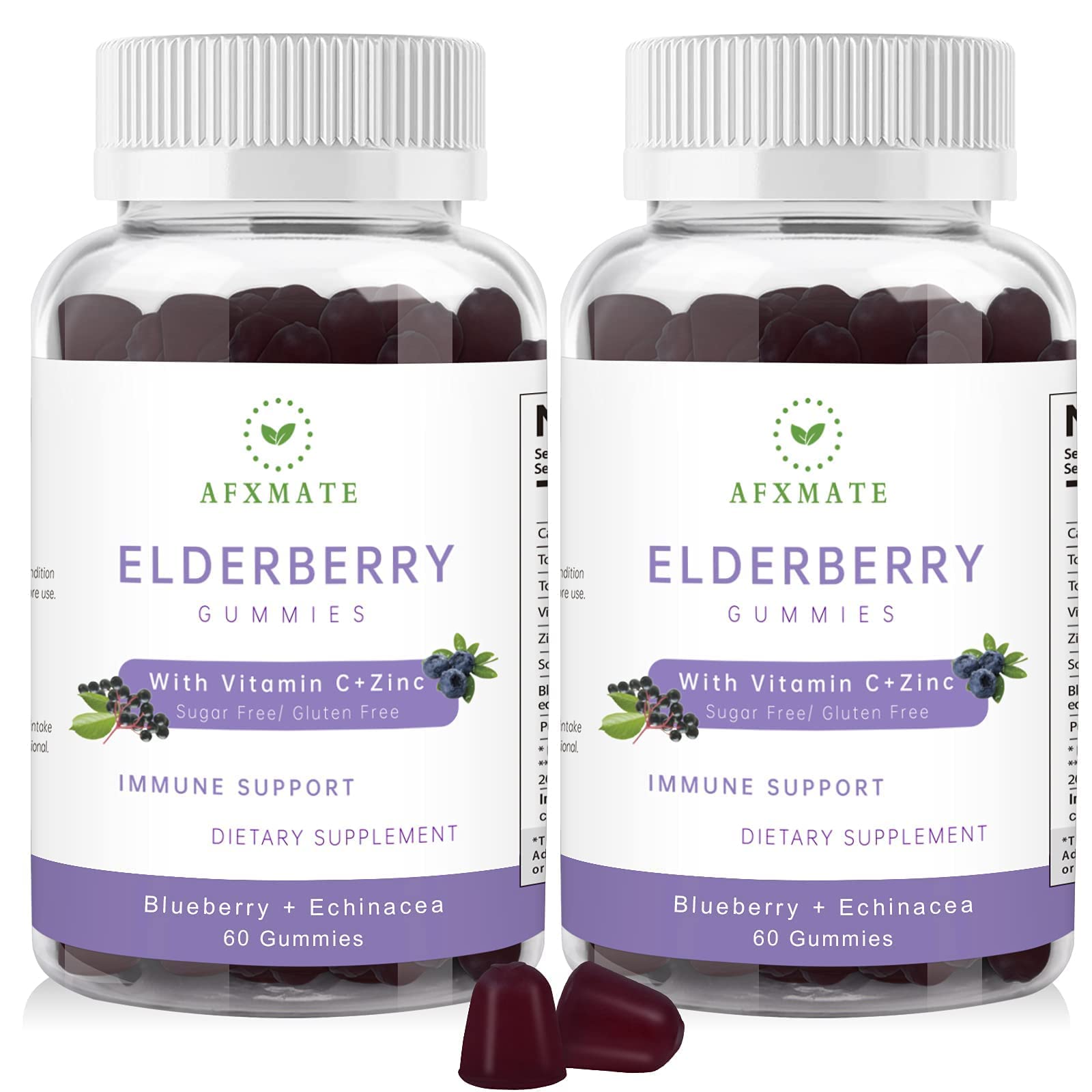 AFXMATE Sambucus Elderberry Gummies, Black Elderberry Gummy with Zinc and Vitamin C for Adults, Sugar Free Kids Multivitamin Gummies Immune Support* Supplement (2 Pack)