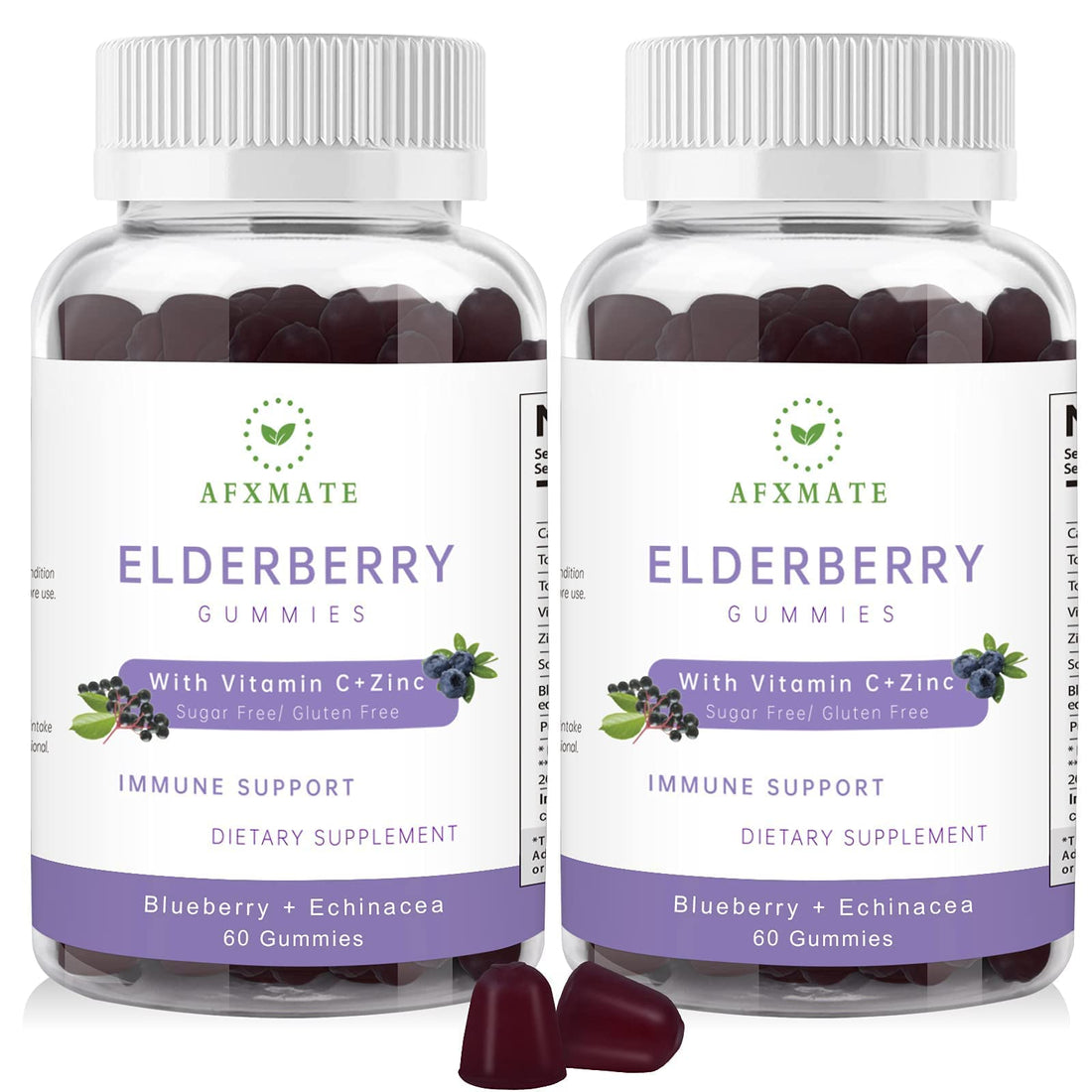 AFXMATE Sambucus Elderberry Gummies, Black Elderberry Gummy with Zinc and Vitamin C for Adults, Sugar Free Kids Multivitamin Gummies Immune Support* Supplement (2 Pack)