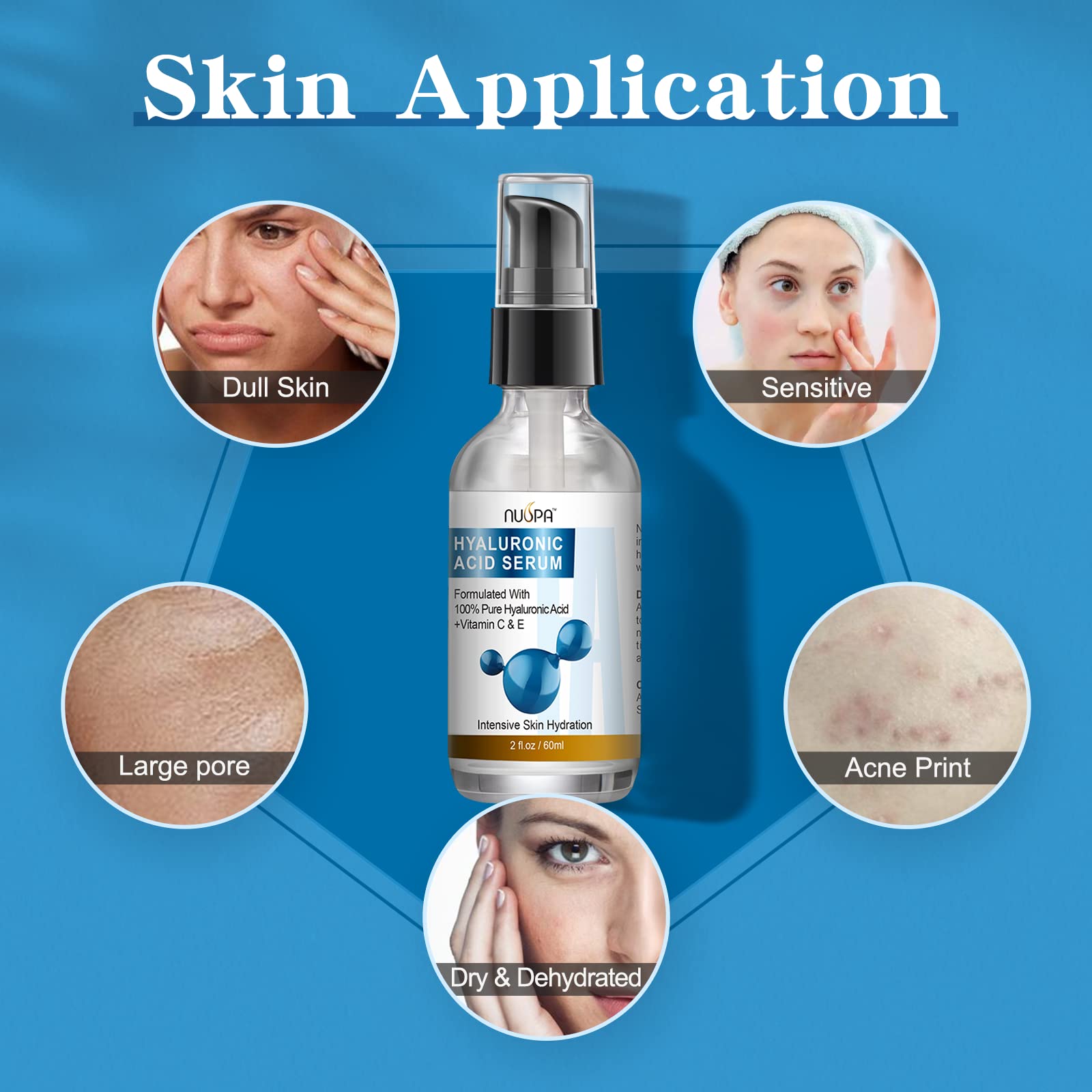 100% Pure Hyaluronic Acid Serum for Face Neck Body with Vitamin C Vitamin E for Skincare Hydrate, Moisturize, Plump Skin, Reduce Wrinkles, Anti Aging Serum, 2 Oz