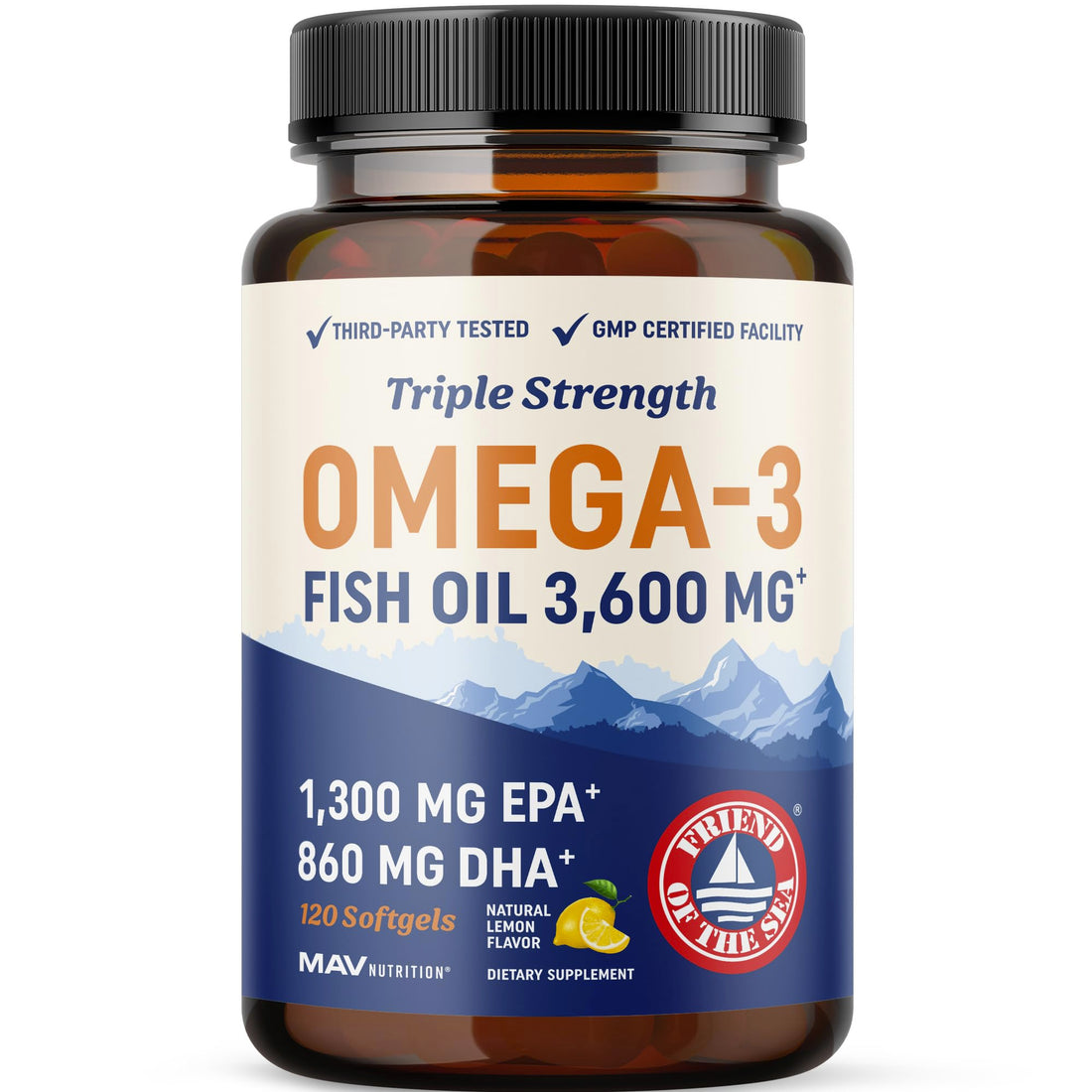 Triple Strength Omega 3 Fish Oil 3600 mg | EPA & DHA | Over 2100mg Omega-3 Fatty Acids | 1300mg EPA + 860mg DHA | Best Essential Fatty Acids | Premium Burpless Fish Oil Omega 3 Supplements (120 Ct)