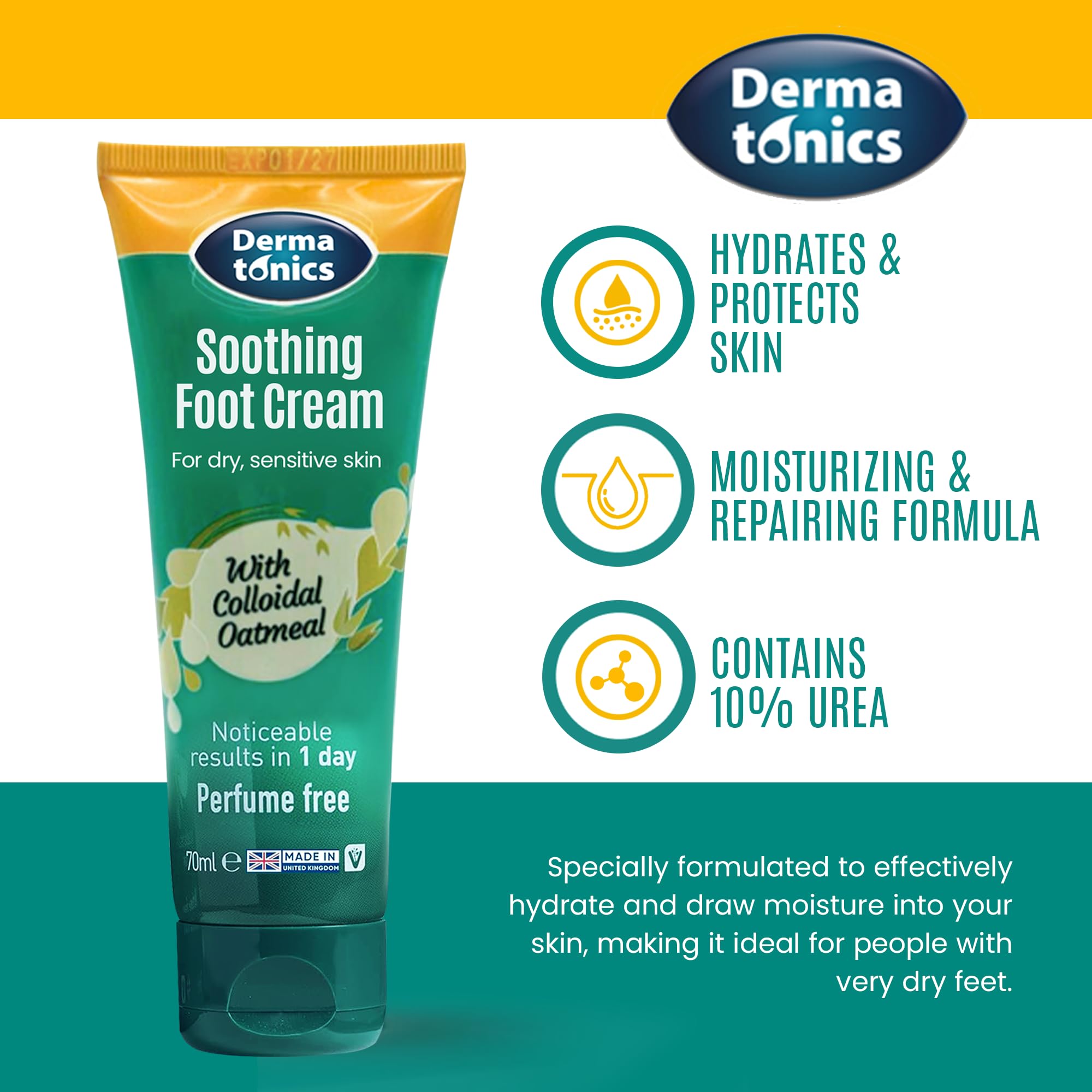 Dermatonics Soothing Foot Cream - 10% Urea w/Colloidal Oatmeal, Exfoliating & Softening Balm, Moisturizer for Dry, Cracked Heels & Rough Skin, Rehydrating for Feet, Elbows & Hands - 2.37 fl oz Tube
