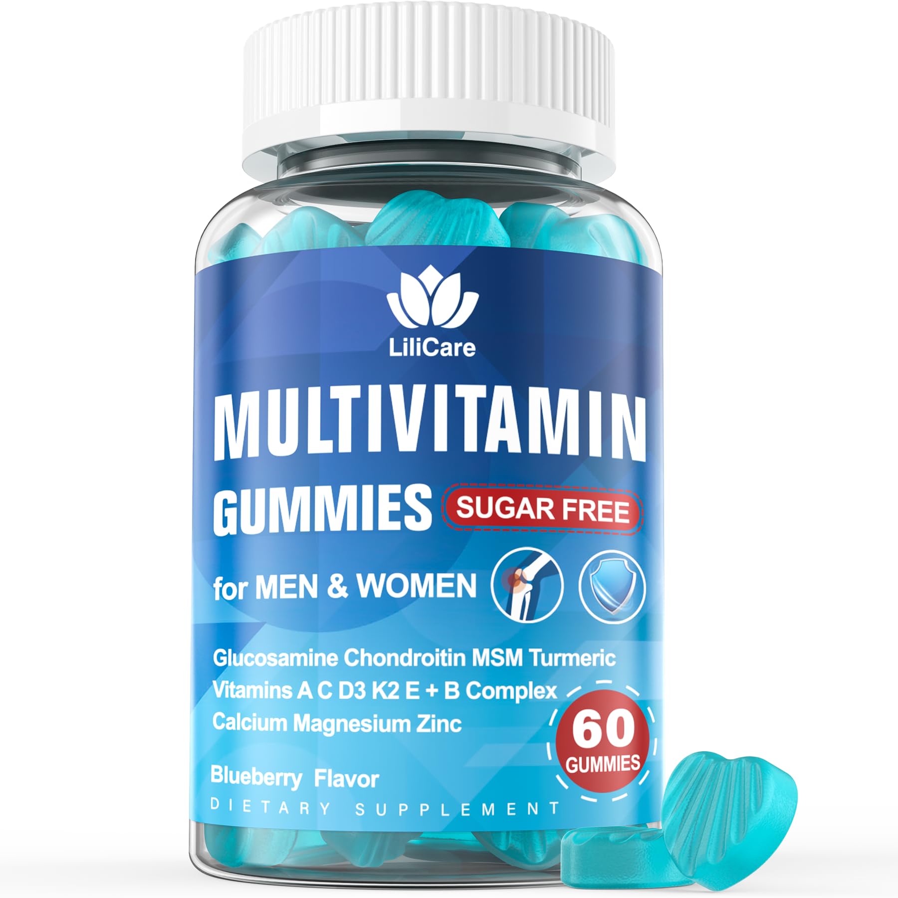 Sugar Free Methylated Multivitamin for Men & Women 50 Plus with Glucosamine Chondroitin MSM, Iron Free Gummies for Senior with Multi Vitamin D3 K2 & A C E, B Complex, Algae Calcium Magnesium - 60Cts