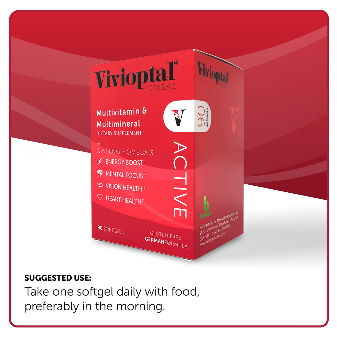 Vivioptal Active, 90 Softgels, Ginseng & Omega 3, Multivitamin & Multimineral, Gluten Free, German Formula