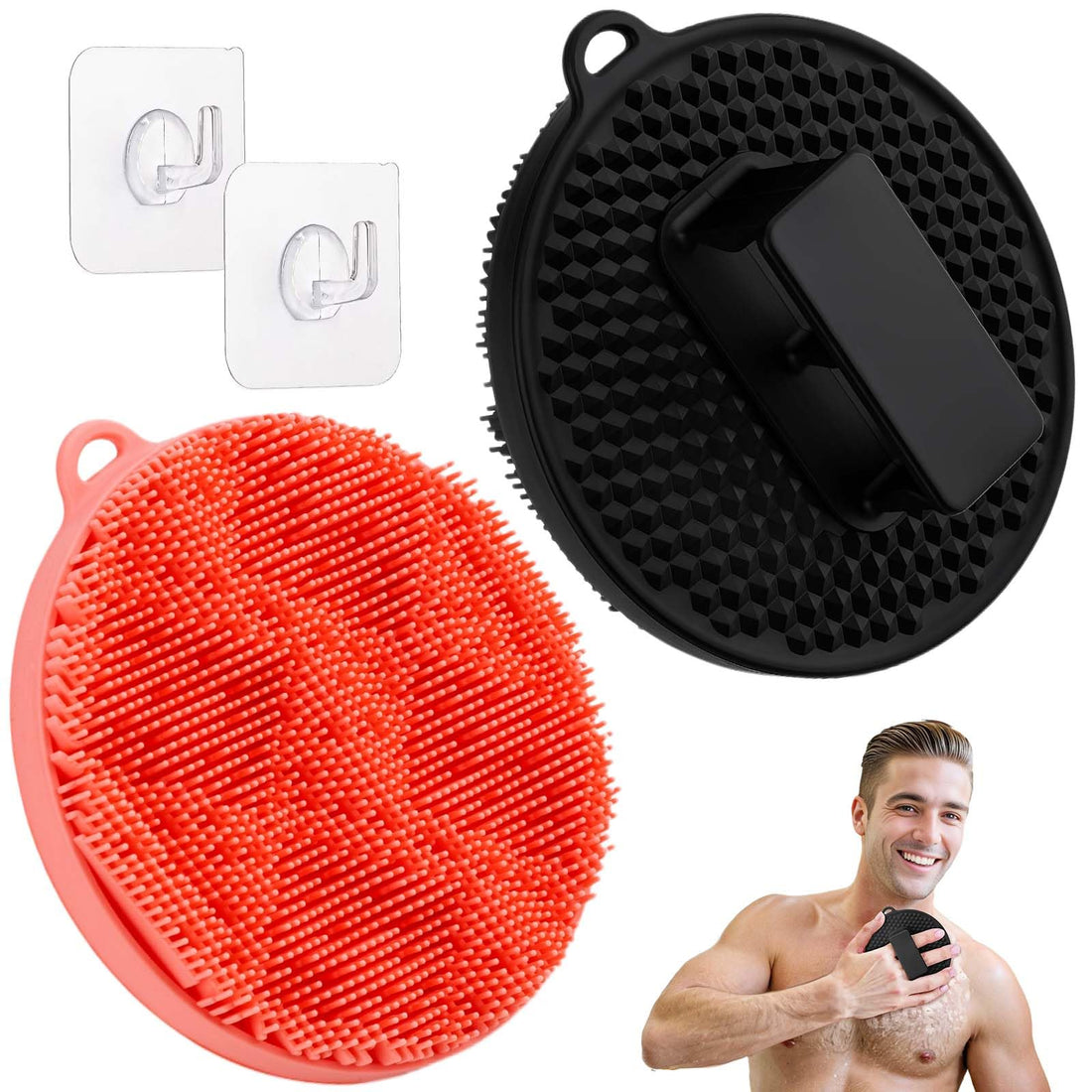GEENOA Silicone Body Scrubber 2PCS, Durable Silicone Loofah with Waved Bristles and Non-Slip Handle, Hygienic Body Buffer Shower Scrubber for Gentle Exfoliating & Lathering(Black+Pink)
