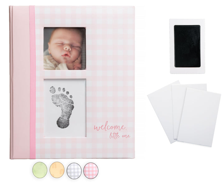 Pearhead Gingham Baby Memory Book and Clean-Touch Ink Pad, Baby Girl Accessory, Baby Milestones Photo Album, Pink