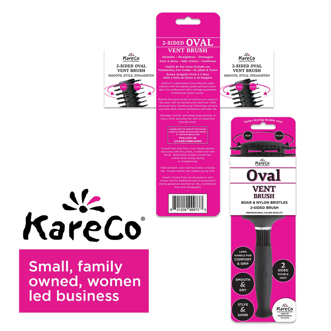 KareCo Oval Vent Brush, Dual Natural Boar Bristles And Soft Nylon Ball Tipped Pins, Vented, Ergonomic Grip, Black Color