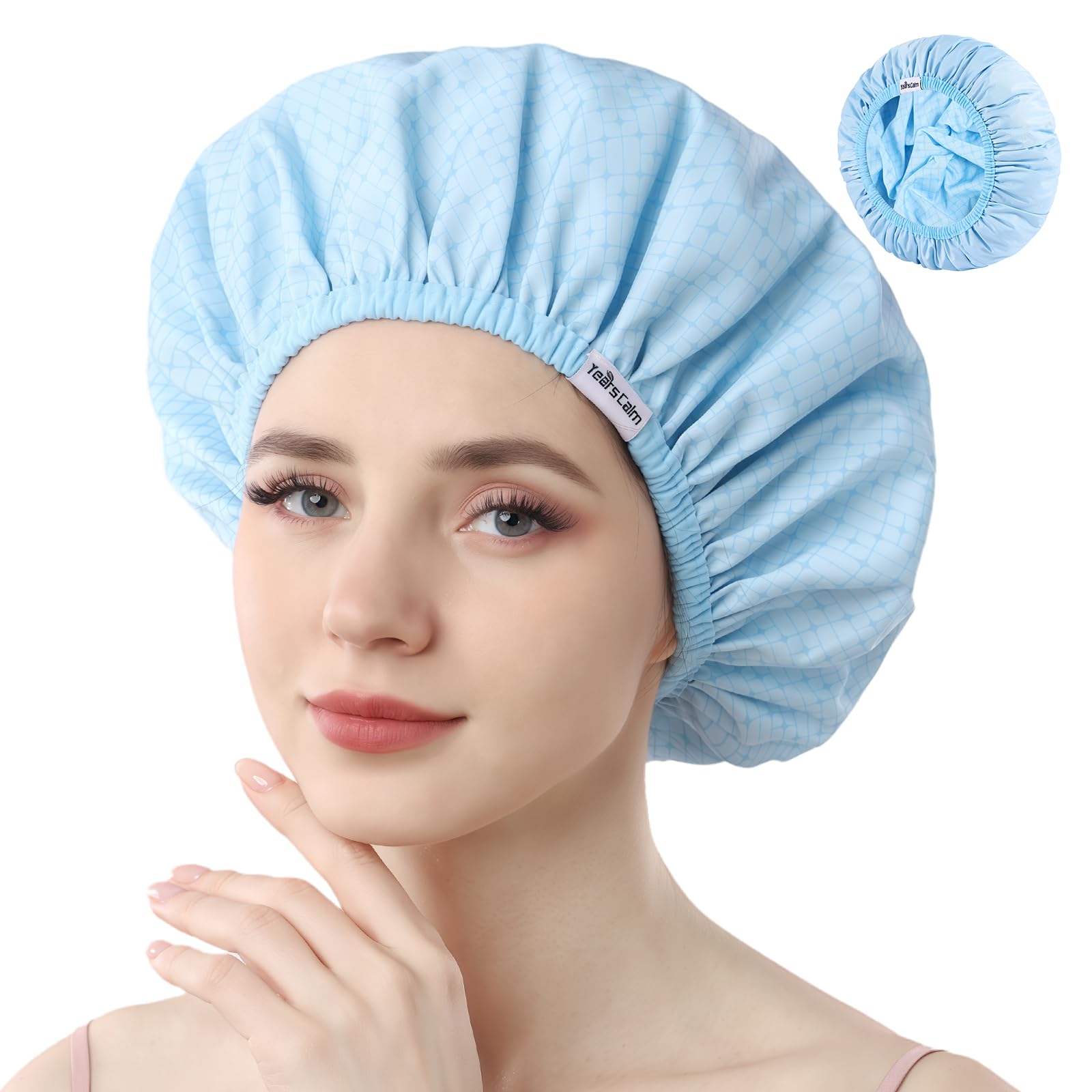 Years calm Shower Caps For Women Reusable Waterproof,Pattern And Solid Color Dual-Layer Design For Dual-Layer Usable,Protects Hair In Shower, Spa, Cooking, Clean & Travel (Blue, Extra Large)