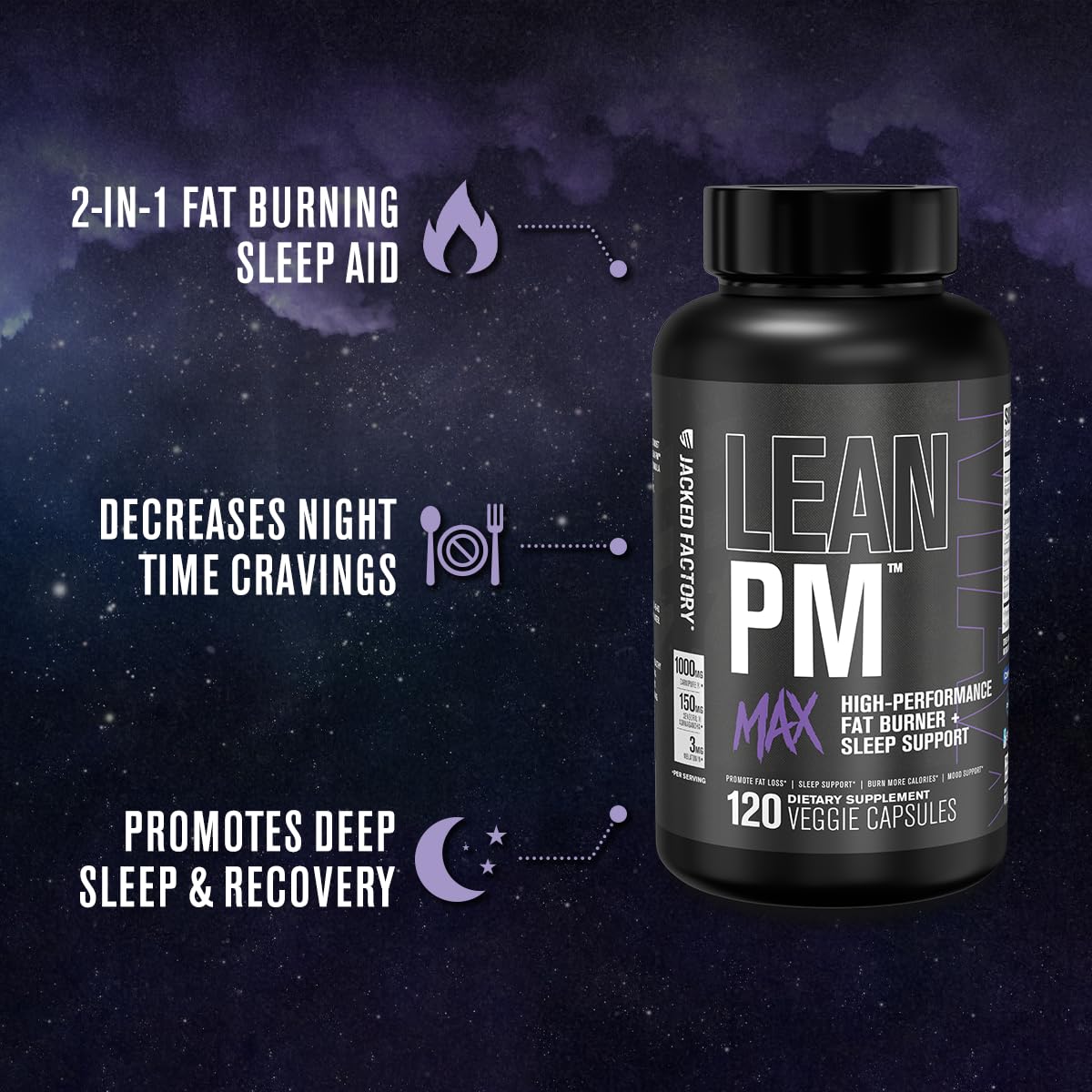 Jacked Factory Lean PM Max - High-Performance Weight Loss, Sleep Support, Fat Burner, & Appetite Suppressant for Men and Women w/Melatonin, Magnesium, Carnipure, & Ashwagandha - 120 Diet Pills