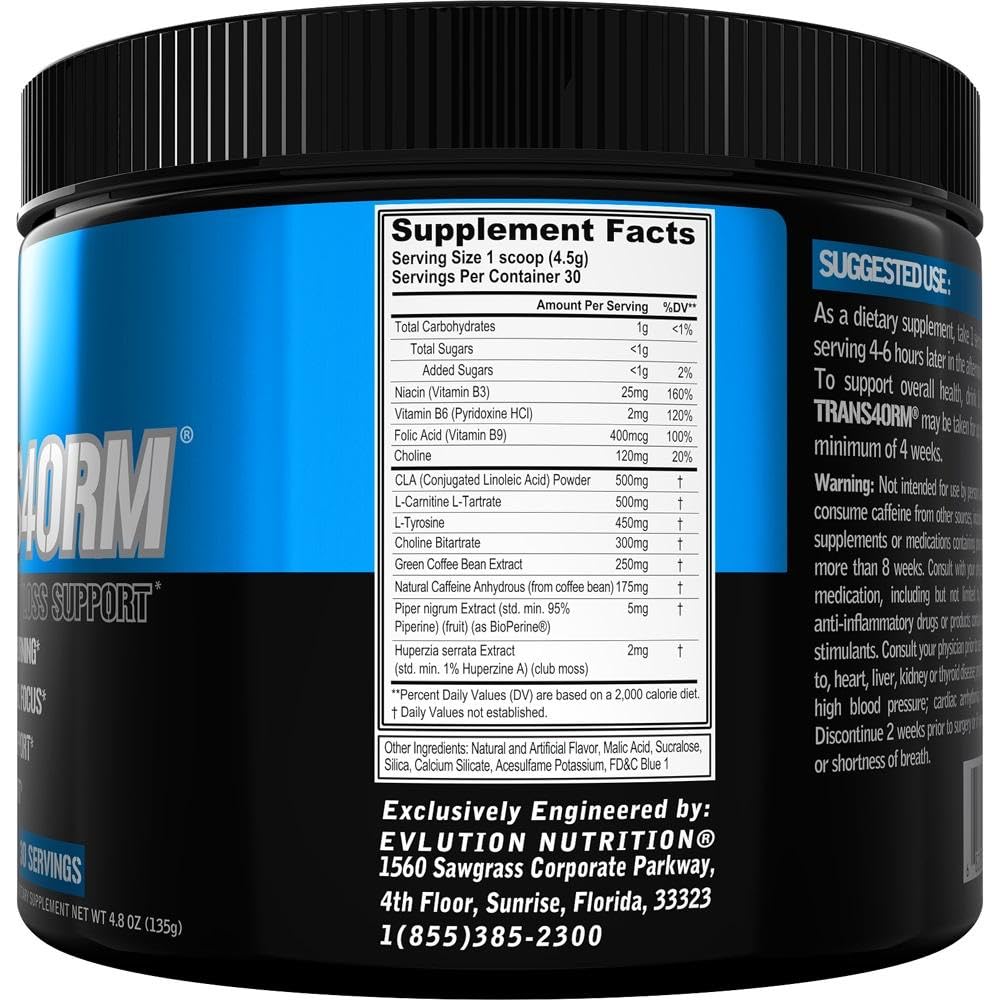 Evlution Thermogenic Fat Burning Support Powder Nutrition Trans4orm Fast Acting Energy Powder to Support Fast Metabolism Weight Loss and Mental Focus with CLA Carnitine and Alpha GPC - Blue Raz