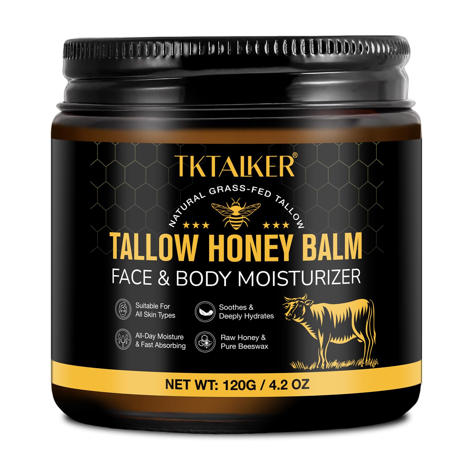 Beef Tallow for Skin, Beef Tallow for Face, Hydrating Tallow Balm with Raw Honey and Beeswax, Grass-Fed Beef Tallow & Raw Wild Honey Blend, Body & Face Moisturizer, Natural Formula, Light Scent