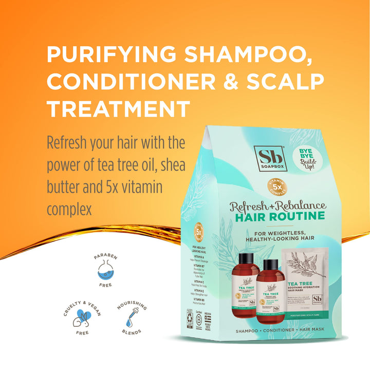 Soapbox Haircare Gift Set of 3, Travel Sized Shampoo & Conditioner with Tea Tree Oil + Scalp Treatment to Cleanse Build Up, Cleansing Hair Care Set of Three in Gift Box Easy, Breezy Hair Days Inside!